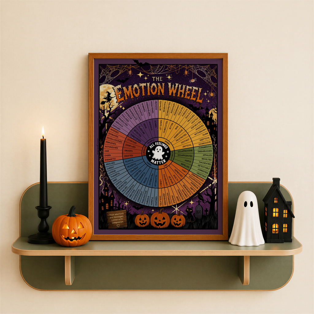 A framed 'The Emotion Wheel' poster with a wooden frame is displayed on a shelf decorated with Halloween props including a candle, a jack-o'-lantern, a ghost figure, and a haunted house.