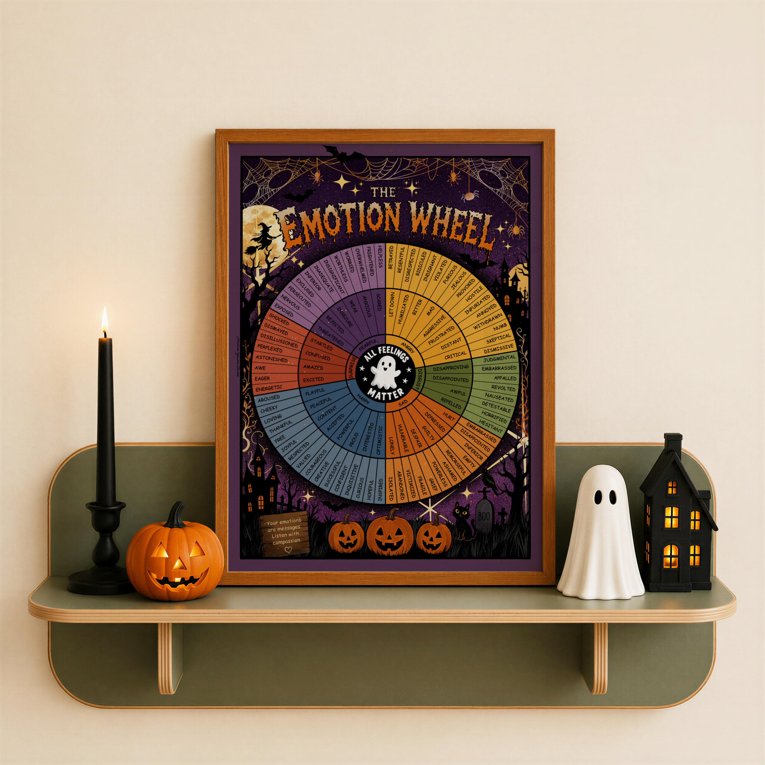 A framed 'The Emotion Wheel' poster with a wooden frame is displayed on a shelf decorated with Halloween props including a candle, a jack-o'-lantern, a ghost figure, and a haunted house.