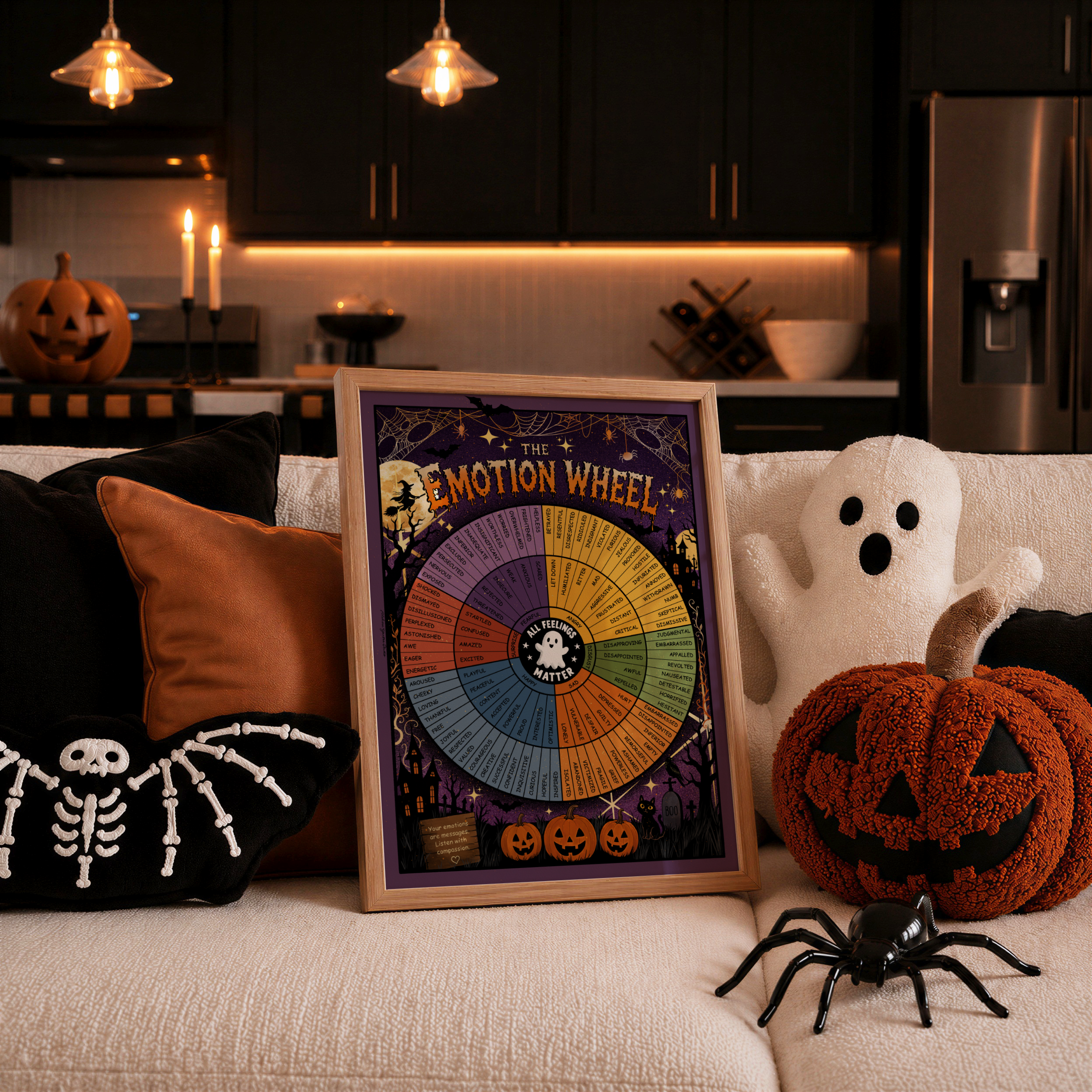 A framed 'The Emotion Wheel' poster styled on a white couch in a cozy, dark-themed Halloween living room with a plush ghost, pumpkin, skeleton pillow, and spider.