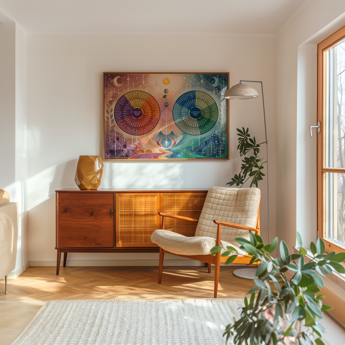 The Duality Emotion Wheel framed poster hanging above a wooden credenza in a sunlit, mid-century modern living room.