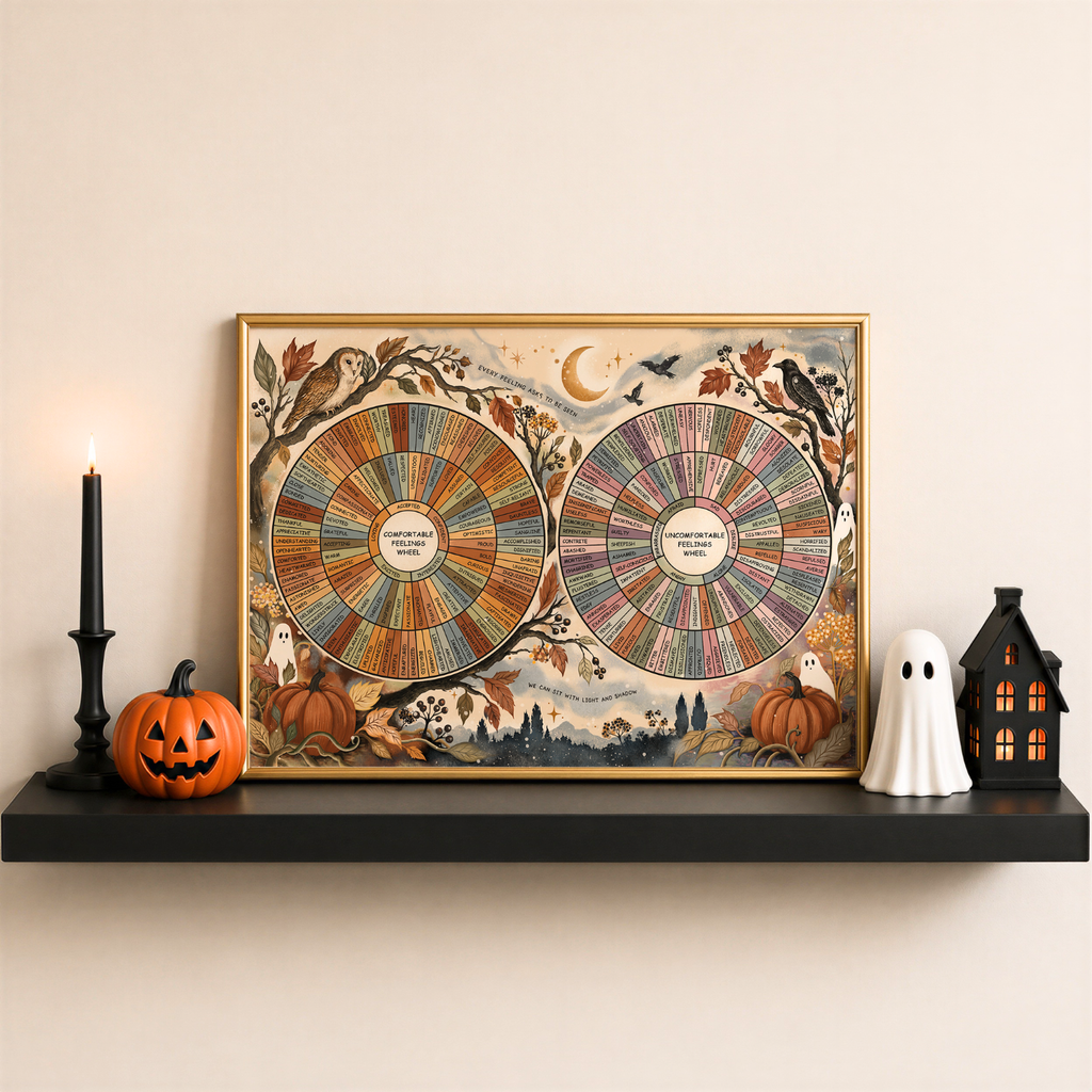 A framed vintage-style Halloween art print featuring two emotion wheel illustrations, pumpkins, ghosts, and a black shelf with decorative props including a candle, jack-o'-lantern, ghost figurine, and small house.