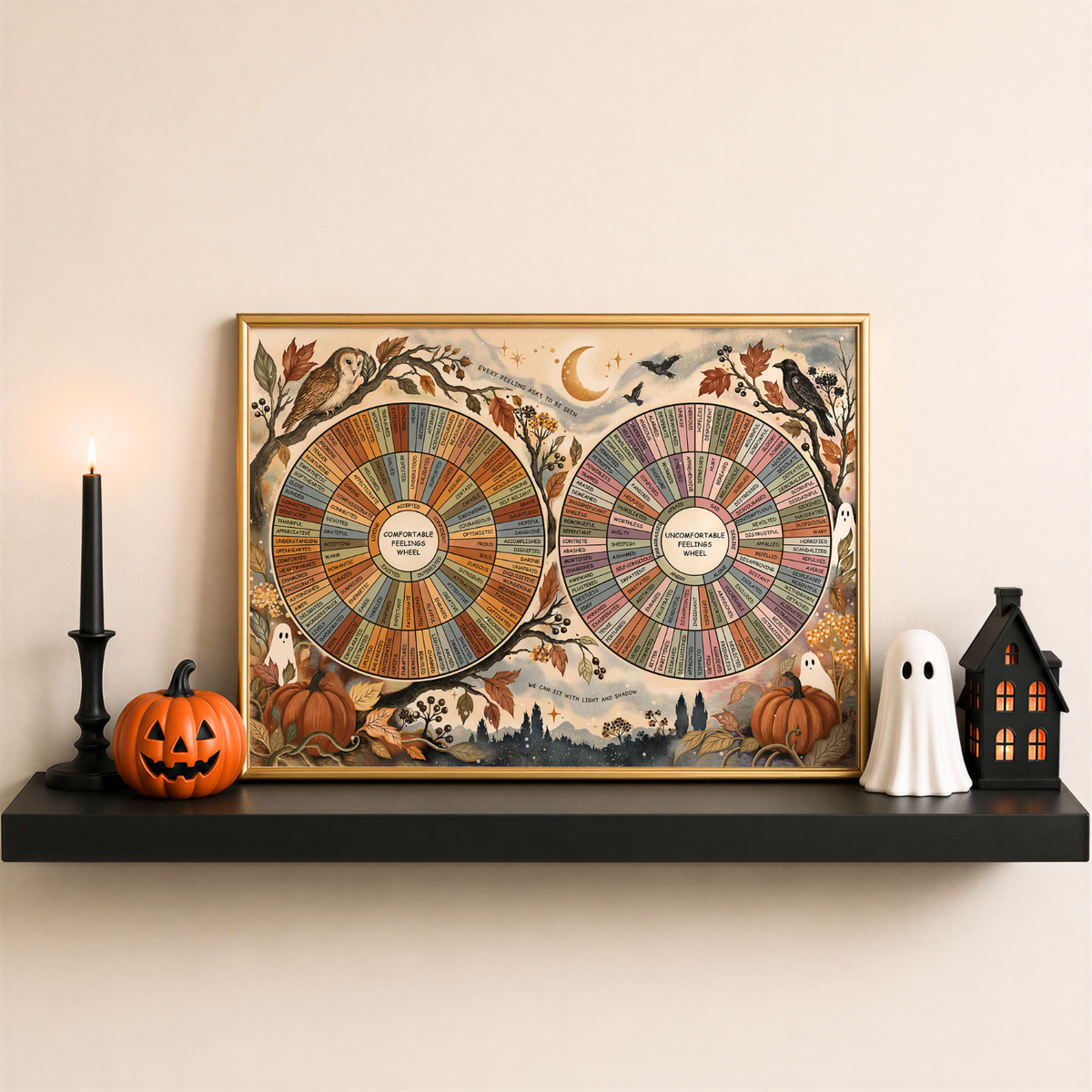 A framed vintage-style Halloween art print featuring two emotion wheel illustrations, pumpkins, ghosts, and a black shelf with decorative props including a candle, jack-o'-lantern, ghost figurine, and small house.