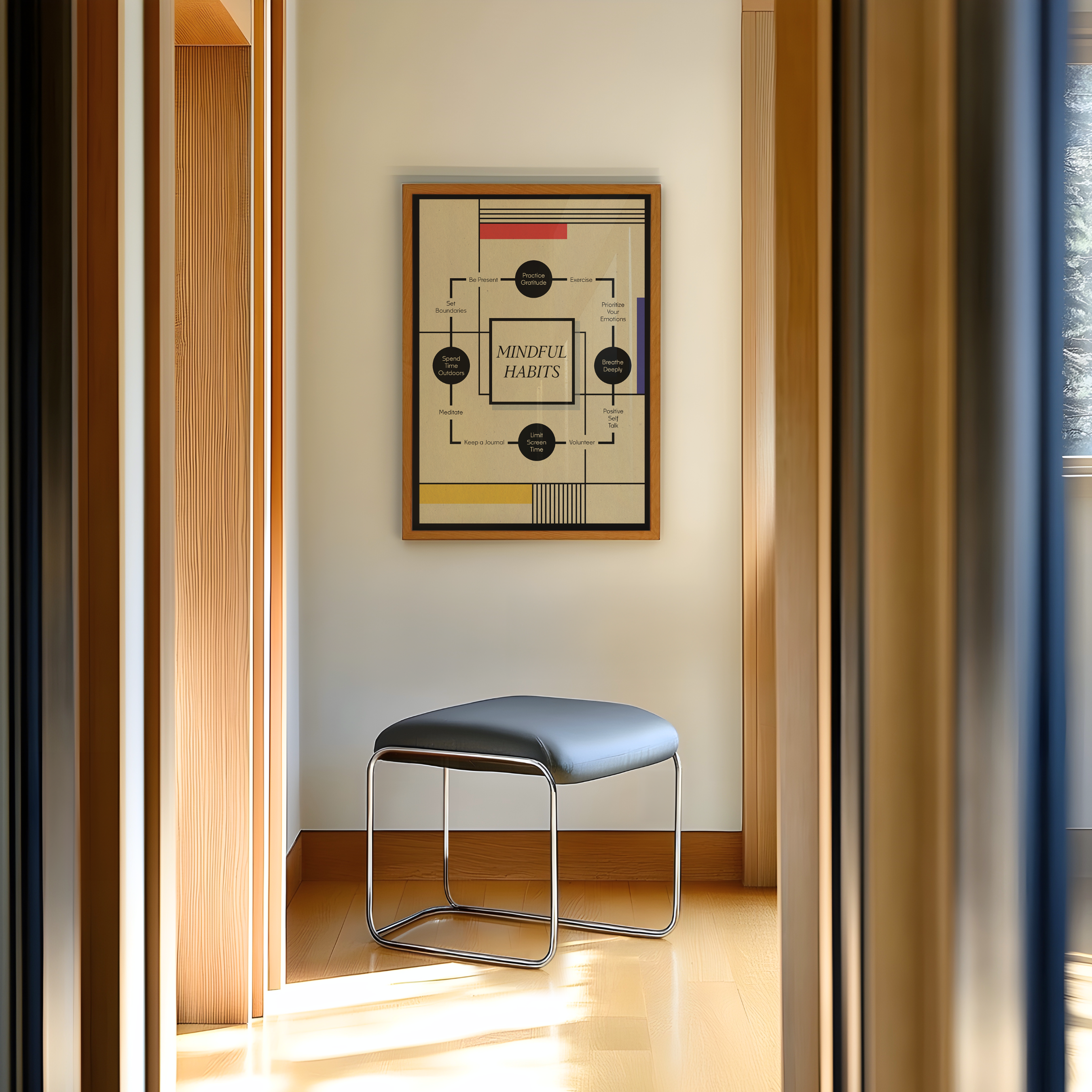 A framed abstract geometric art print hangs on a beige wall above a modern gray upholstered stool with a chrome metal frame, set in a sunlit interior hallway with warm wood paneling, support mental health and well being.