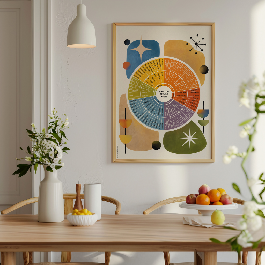 A framed mid century modern abstract art print featuring an emotion feelings wheel hangs on a light gray wall above a wooden dining table. The artwork displays a colorful circular wheel with geometric shapes in yellow, orange, red, blue, purple, and green, creating a warm and thoughtful focal point that encourages emotional awareness and complements modern, Scandinavian, or therapy inspired interiors.