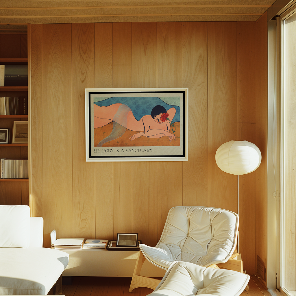 A framed art print titled 'MY BODY IS A SANCTUARY' hanging on a warm wood-paneled wall in a modern living room setting with a white armchair and a floor lamp, encouraging self love and self care.