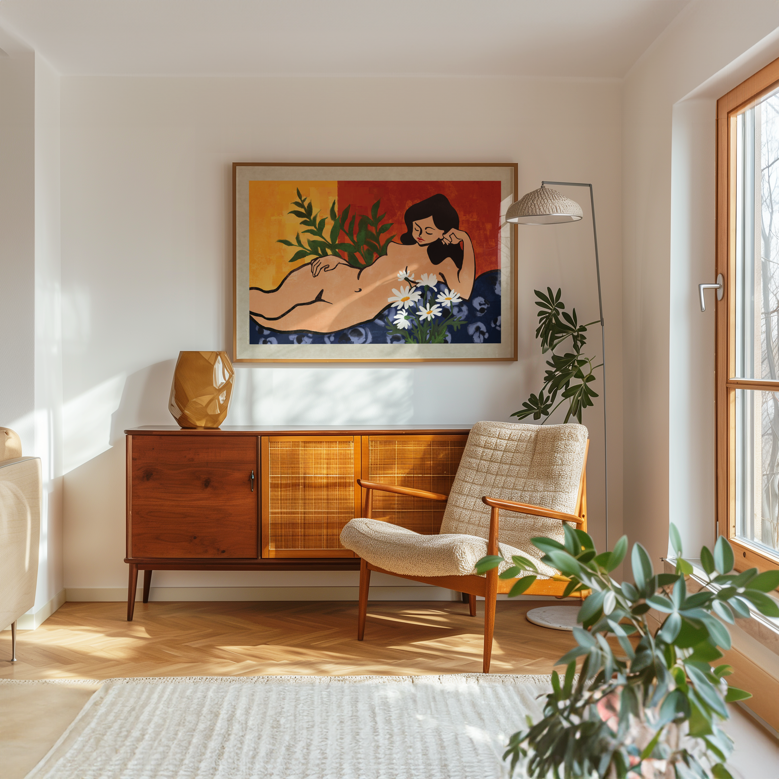 A framed botanical art print featuring a stylized reclining woman surrounded by delicate flowers and organic botanical elements is displayed on a mid century wooden credenza in a bright, modern living room. Paired with a beige armchair and a floor lamp, the artwork celebrates feminine beauty, self connection, and the quiet harmony between nature and the human form, creating a warm and inviting focal point.