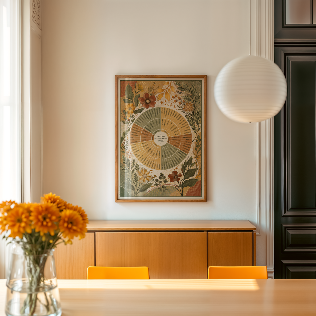 A framed botanical art print with a floral emotion wheel design hangs on a cream wall above a wooden sideboard in a dining room. A white paper lantern hangs to the right, and a glass vase with orange flowers sits in the foreground on a table.