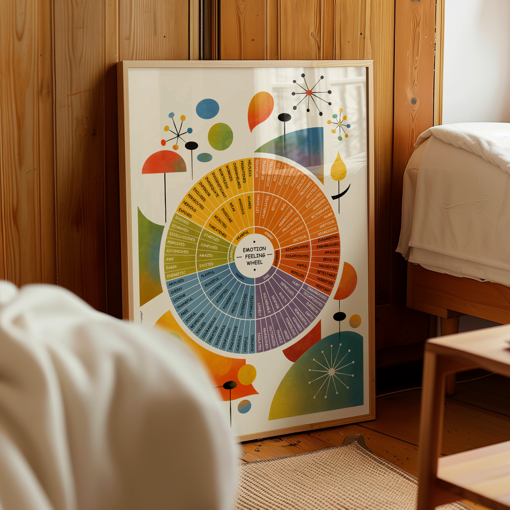 A framed mid century modern style emotion feelings wheel poster leans against a wooden wall in a cozy bedroom setting. The circular design features colorful abstract geometric shapes with labeled text segments arranged in a vibrant radial pattern, creating a thoughtful piece of wall art that encourages emotional awareness, self reflection, and mindful living while complementing modern and Scandinavian inspired interiors.