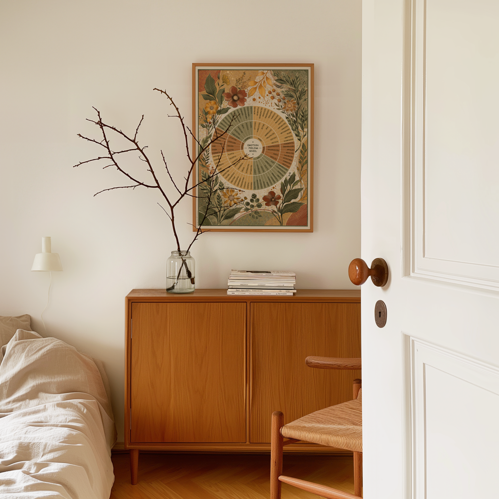 A framed botanical and emotion wheel art print hangs on a warm off-white wall above a mid-century modern wooden sideboard in a styled bedroom setting.