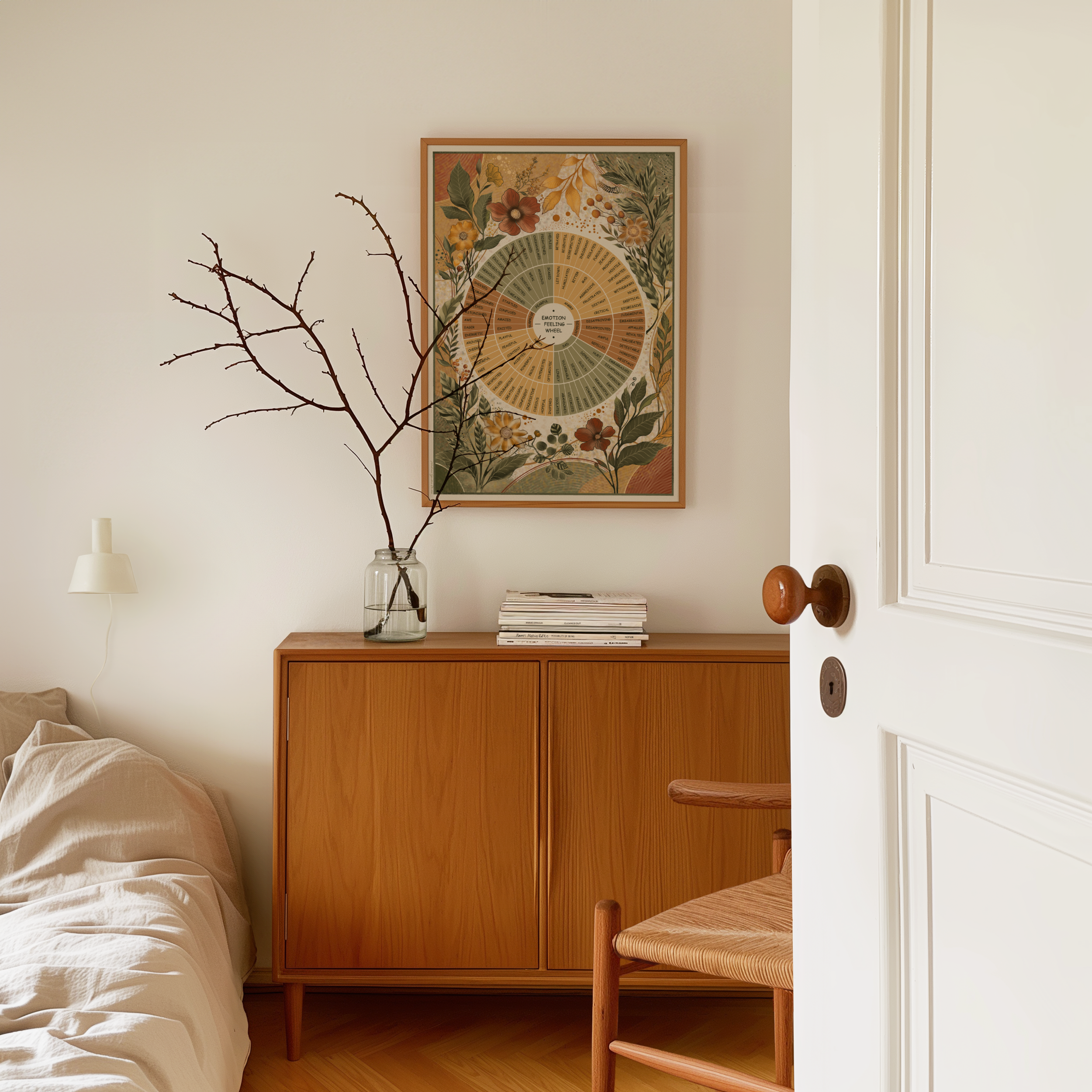 A framed botanical and emotion wheel art print hangs on a warm off-white wall above a mid-century modern wooden sideboard in a styled bedroom setting.
