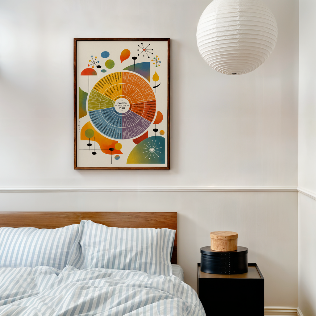 A framed abstract mid century modern art print featuring a colorful emotion feelings wheel hangs on a white wall above a bed with blue and white striped bedding in a thoughtfully styled bedroom. The vibrant radial design is surrounded by organic abstract shapes, creating a calming focal point that encourages emotional awareness, self reflection, and mental well being while complementing modern, Scandinavian, and minimalist home decor.