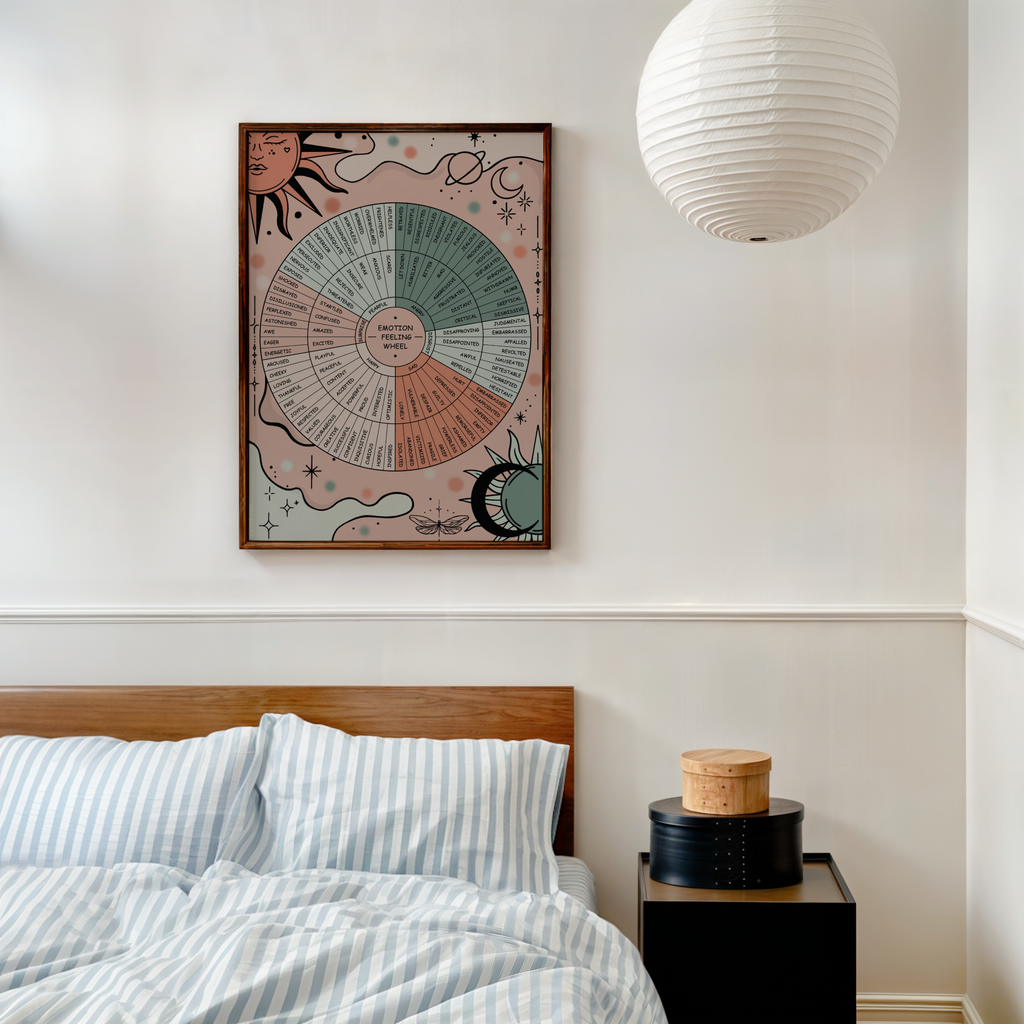 A framed art print featuring a celestial emotion wheel chart hangs on a cream-colored bedroom wall above a wooden bed headboard. The print has a warm pink, sage green, and beige color palette with whimsical illustrations of a sun, moon, and stars.