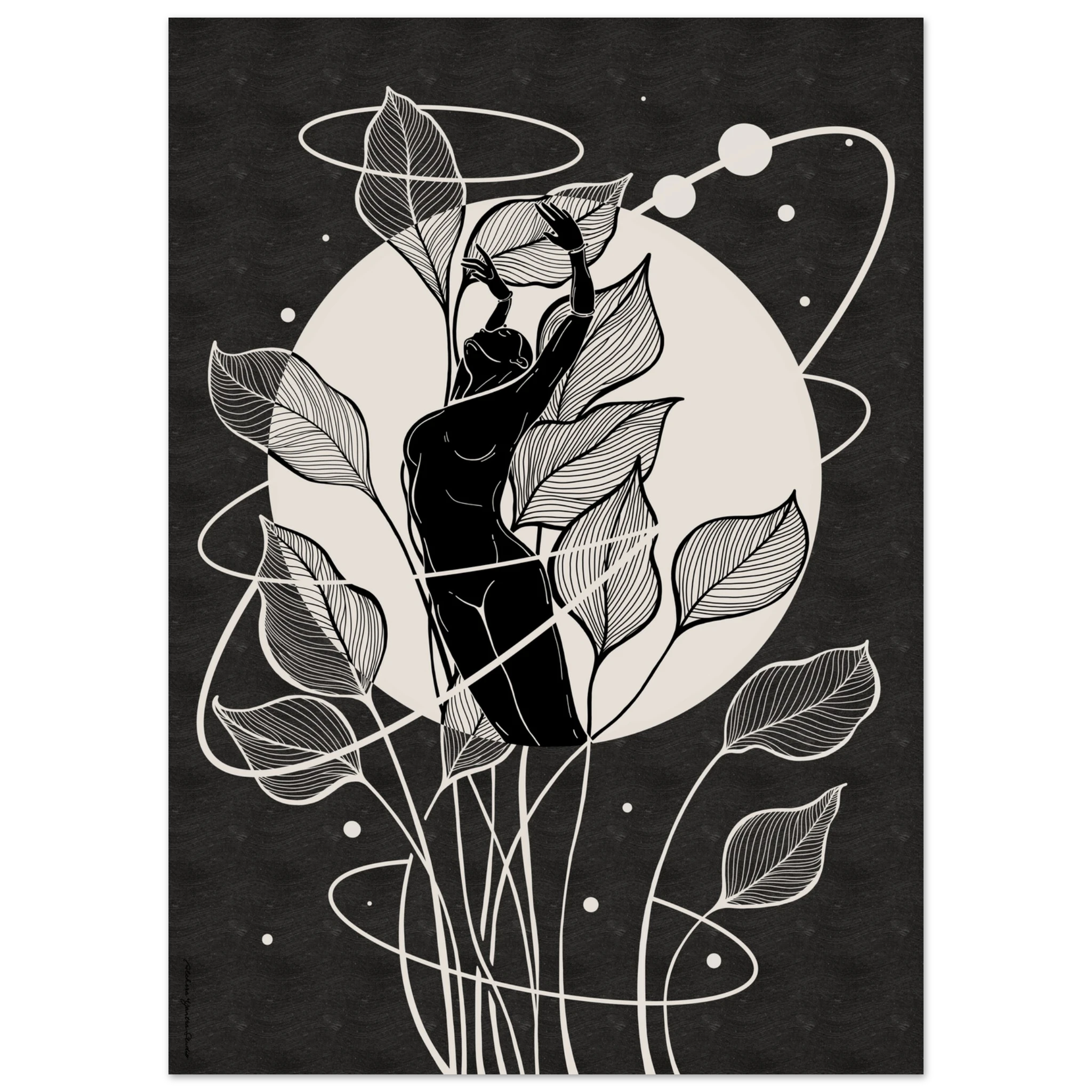 A painting of a woman reaching to the moon with organic lines surrounding her, embracing women menstrual cycle, self love, and self evaluation.