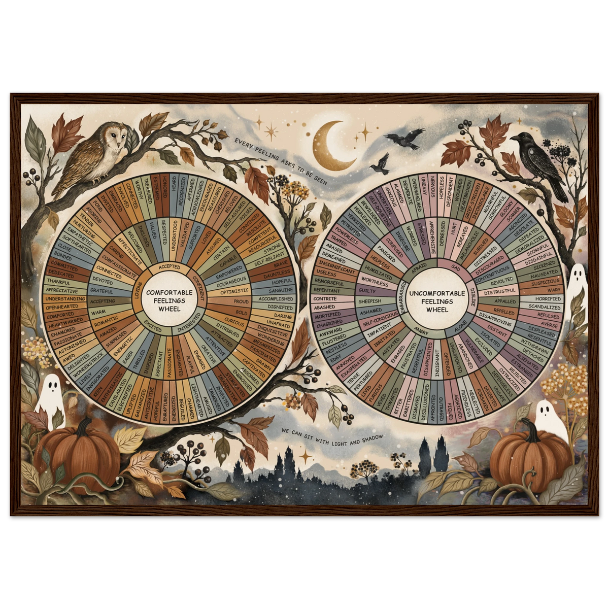 Framed Halloween Emotion Feelings Wheel art print displayed in a cozy autumn-themed room with seasonal decor.