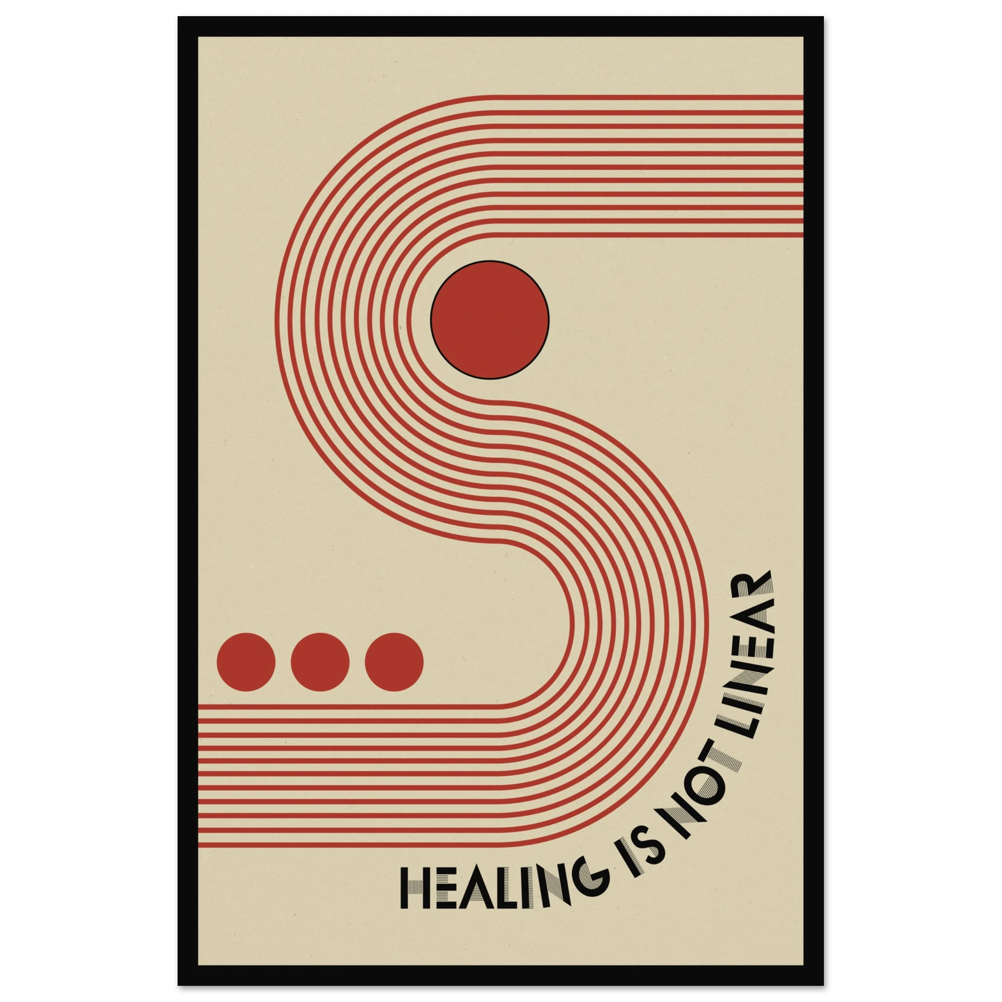 Mid-century inspired painting with healing text to support mental health and well being, suitable for therapy office decor.