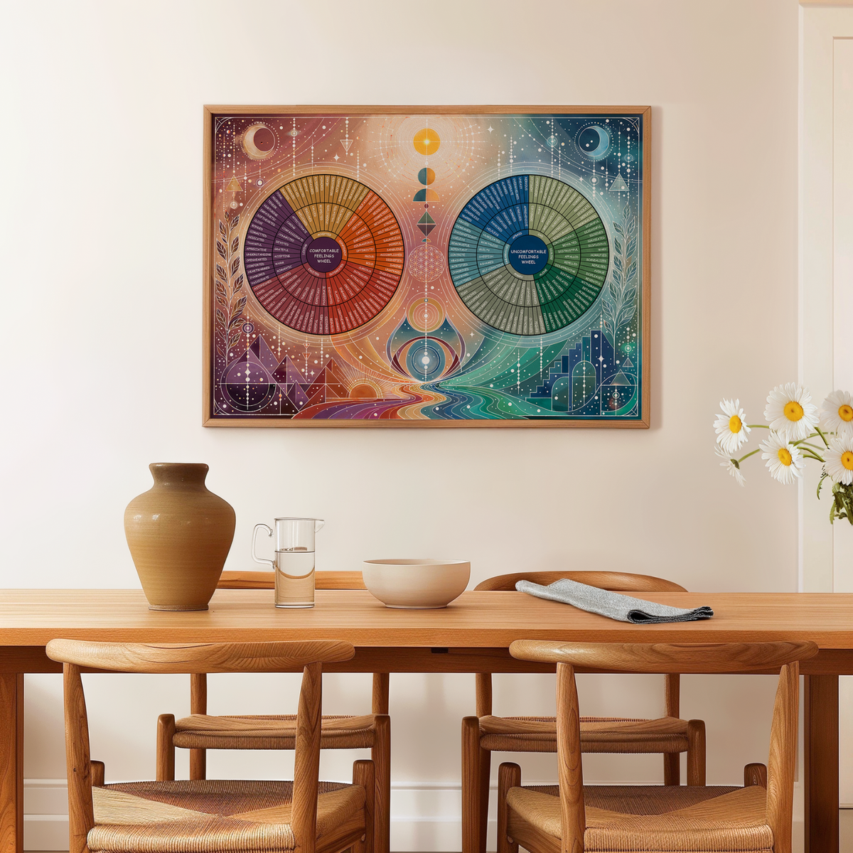A framed Duality Emotion Wheel poster displayed in a warm, mid-century modern dining room. The mental health wall art features two large, detailed feelings charts in vibrant orange, purple, and teal, surrounded by celestial and botanical illustrations. The artwork hangs on a beige wall above a natural wood dining table styled with a ceramic vase, white daisies, and woven wooden chairs, creating a calm and mindful home environment.
