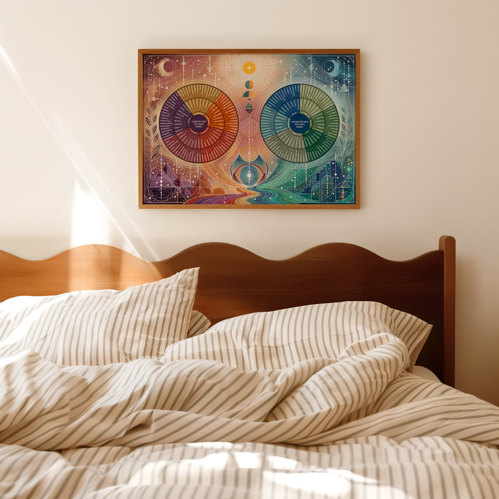 The Duality Emotion Wheel framed poster hanging above a wooden bed with beige striped bedding in a calming, softly lit bedroom interior.