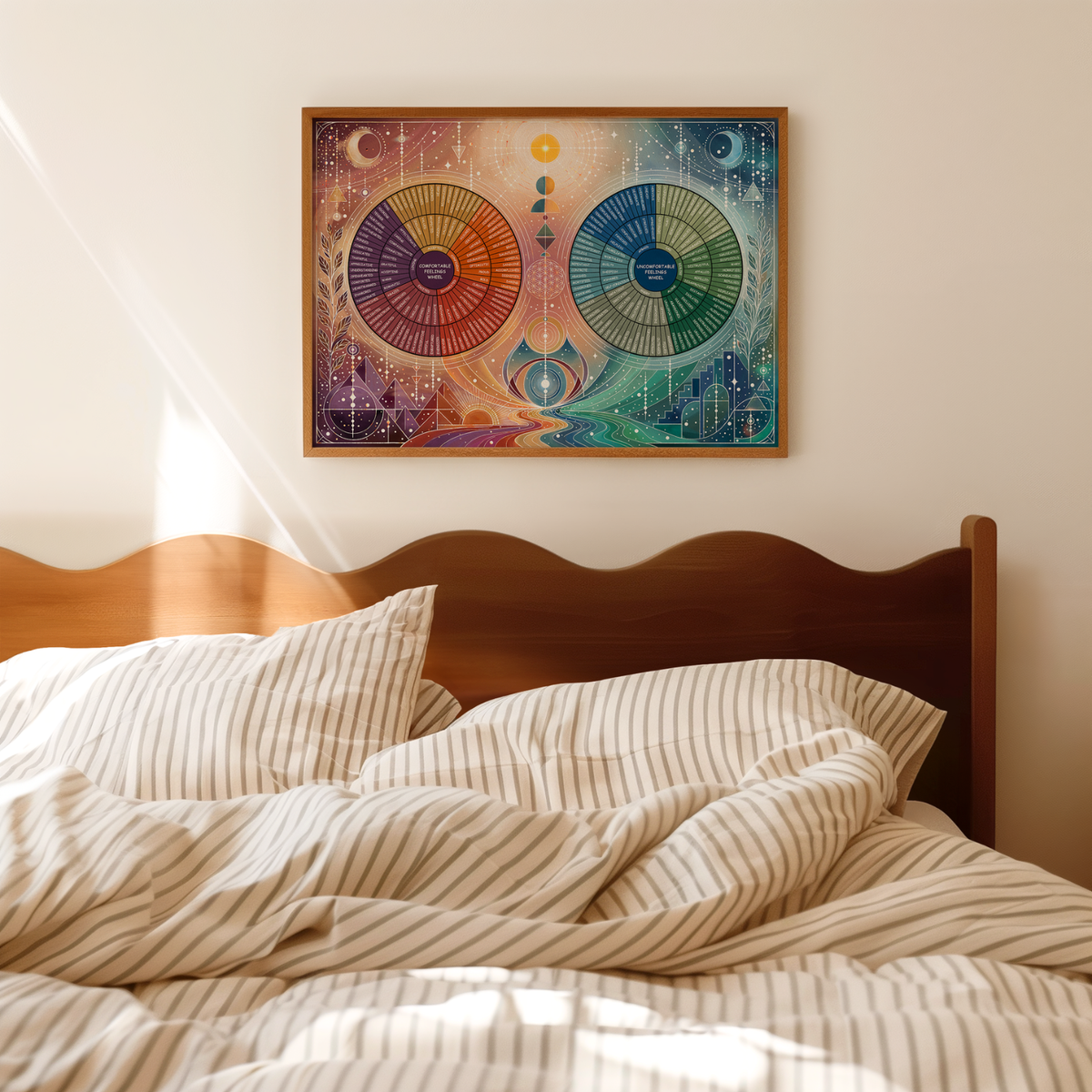 The Duality Emotion Wheel framed poster hanging above a wooden bed with beige striped bedding in a calming, softly lit bedroom interior.