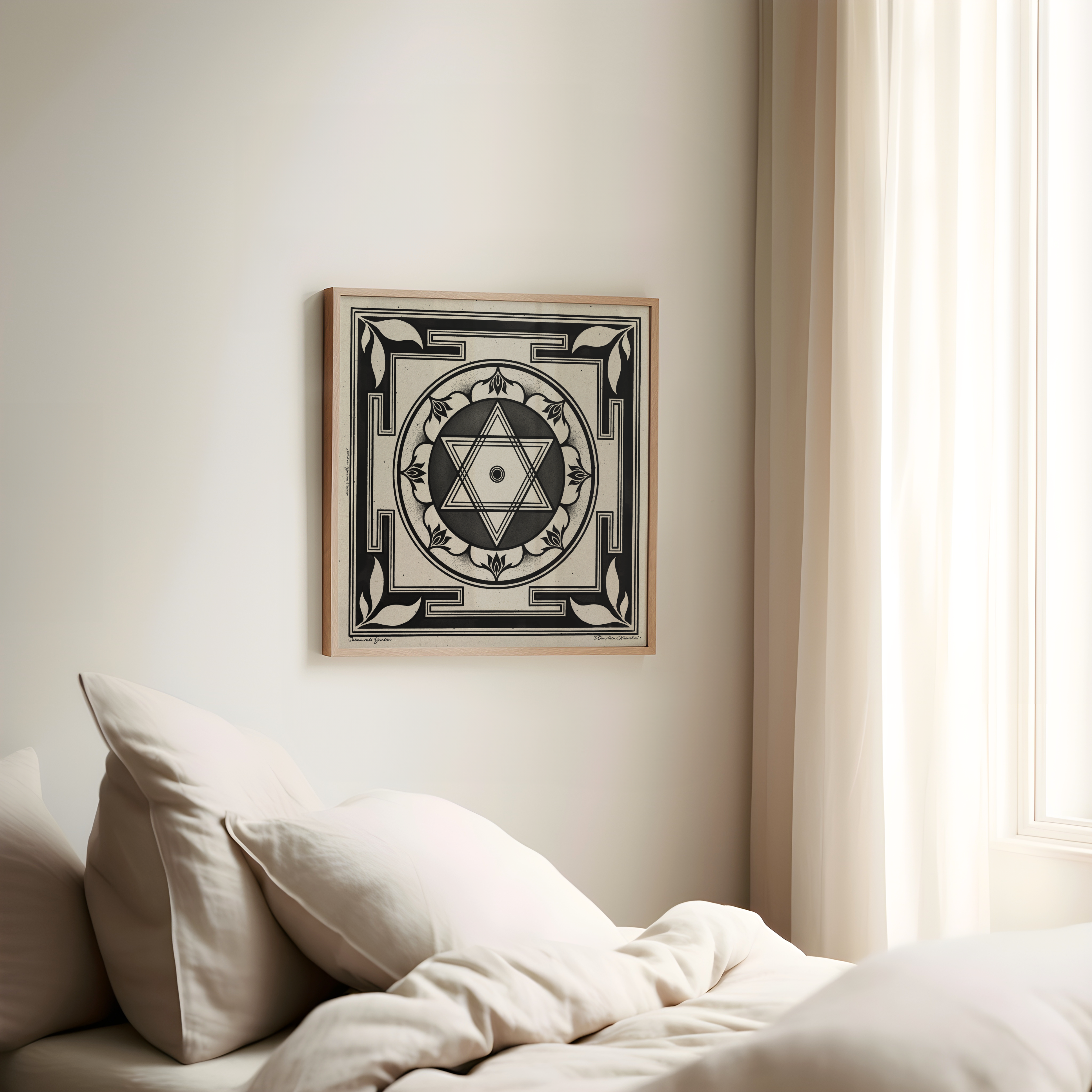 A square framed Saraswati yantra wall art print featuring a black geometric mandala design on a cream background, hanging on a beige wall above a bed with neutral-toned bedding and pillows in a softly lit room.
