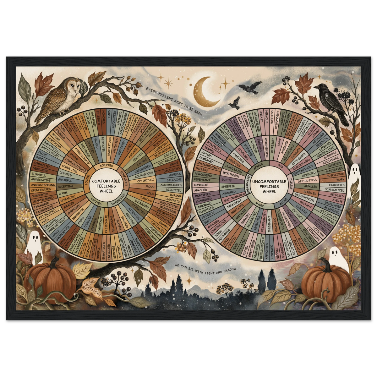 Framed Halloween Feelings Wheel print featuring comfortable and uncomfortable mood charts with spooky seasonal artwork.