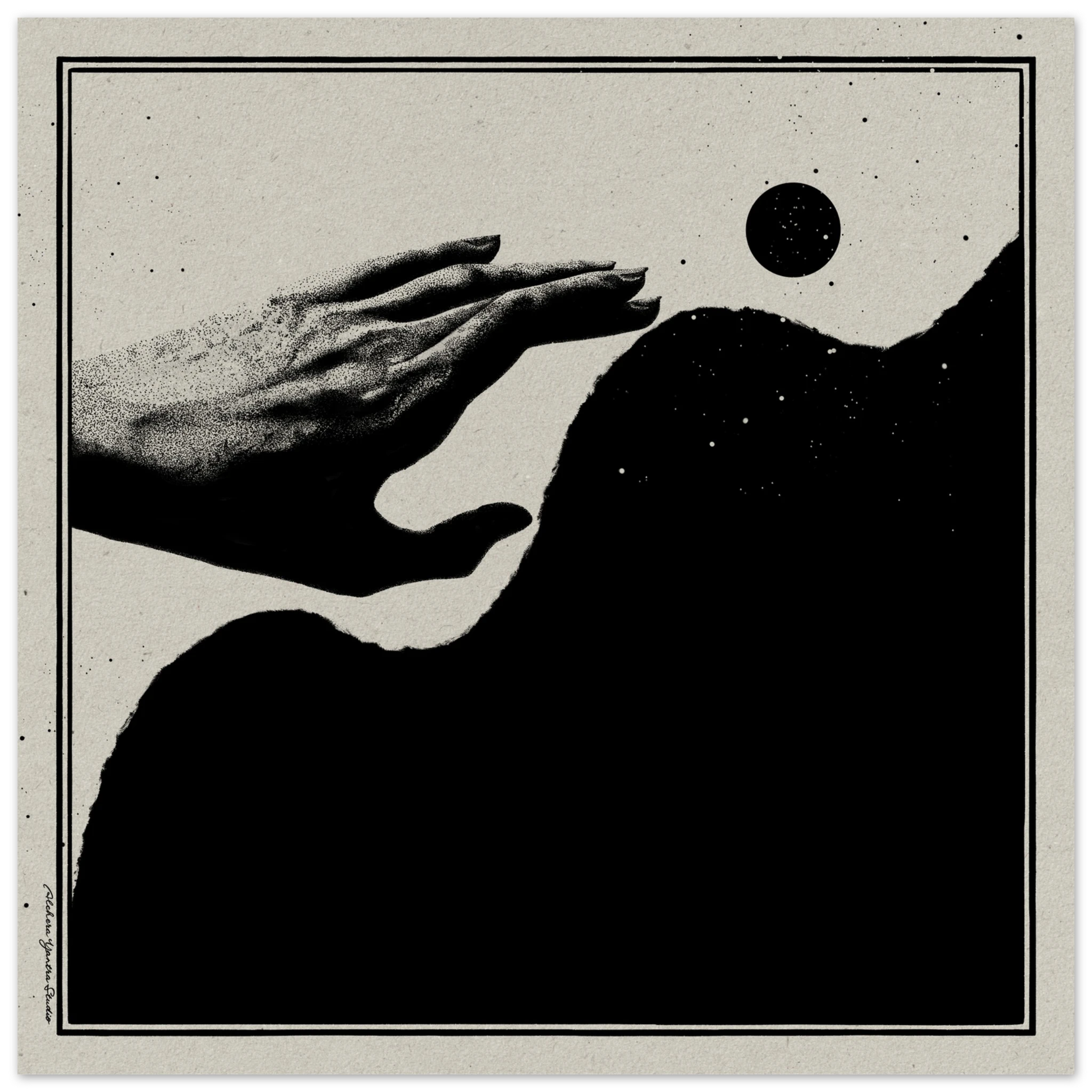 Black and beige abstract art print titled Momentum featuring an outstretched hand reaching over a dark organic form beneath a small black sun or moon. Displayed in a warm wooden frame on a cream wall with natural sunlight, this minimalist artwork symbolizes growth, resilience, possibility, and moving forward. Modern monochrome wall art for living room, bedroom, meditation space, office, or contemporary home decor.