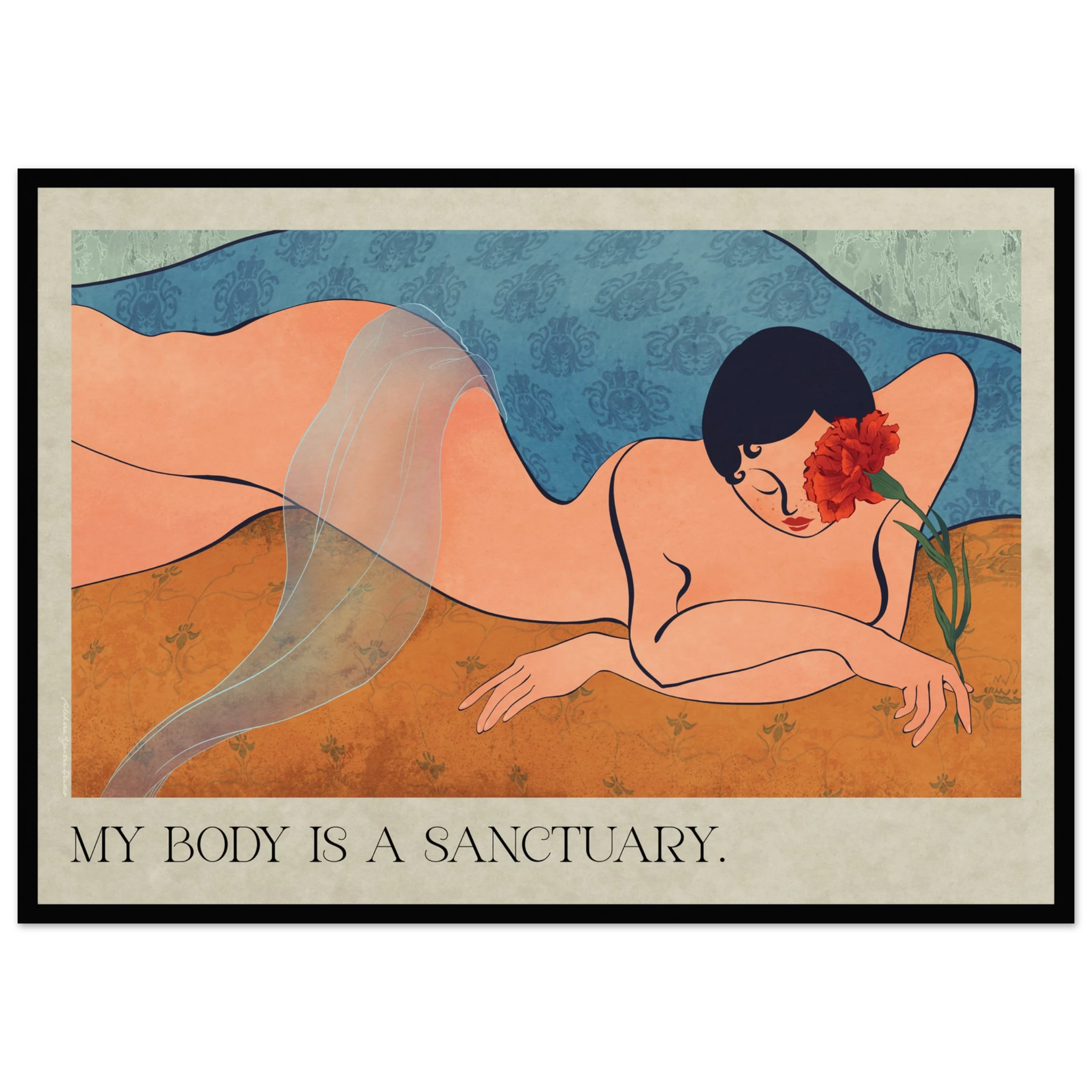A painting of a woman lying with her flower in a resting position. Below is a text saying "My body is a sanctuary", promoting self love and body positivity.