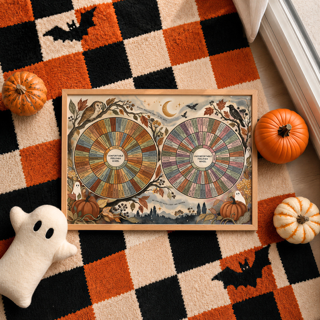 A framed vintage-style Halloween art print featuring two feelings charts, ghosts, bats, and pumpkins, styled on a black, orange, and cream checkered rug with small pumpkins and a white ghost toy.