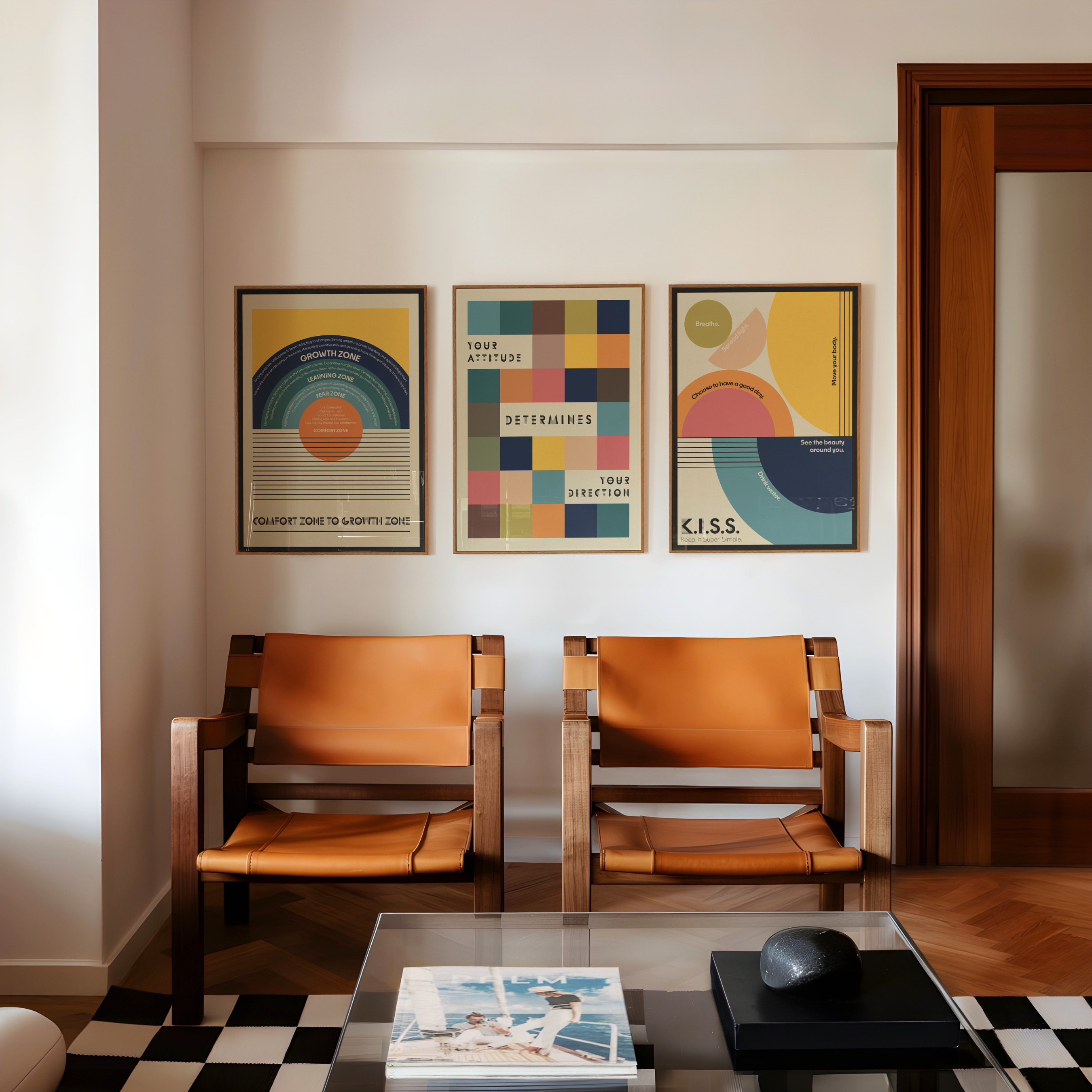 Three framed retro-style art prints with geometric and circular patterns hang on a cream wall above two mid-century modern wooden chairs with tan leather seats. A glass coffee table and checkered rug are visible in the foreground.