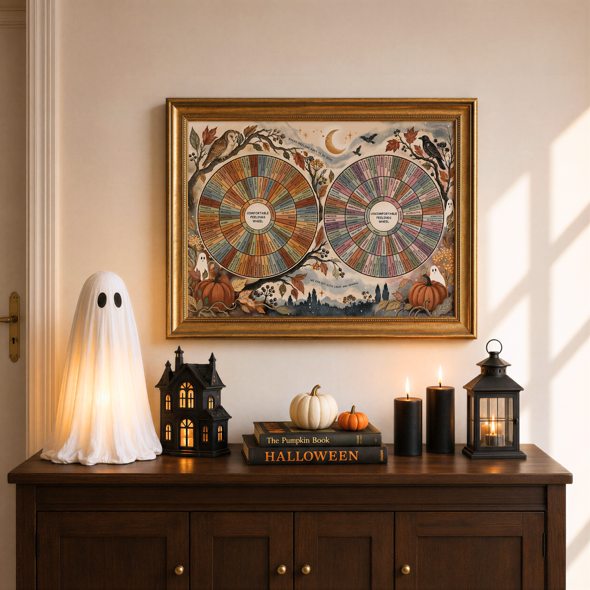 A framed vintage-style Halloween art print hangs on a beige wall above a dark wooden console table. The print features two emotion wheel designs with autumn motifs like pumpkins, bats, and a crescent moon.