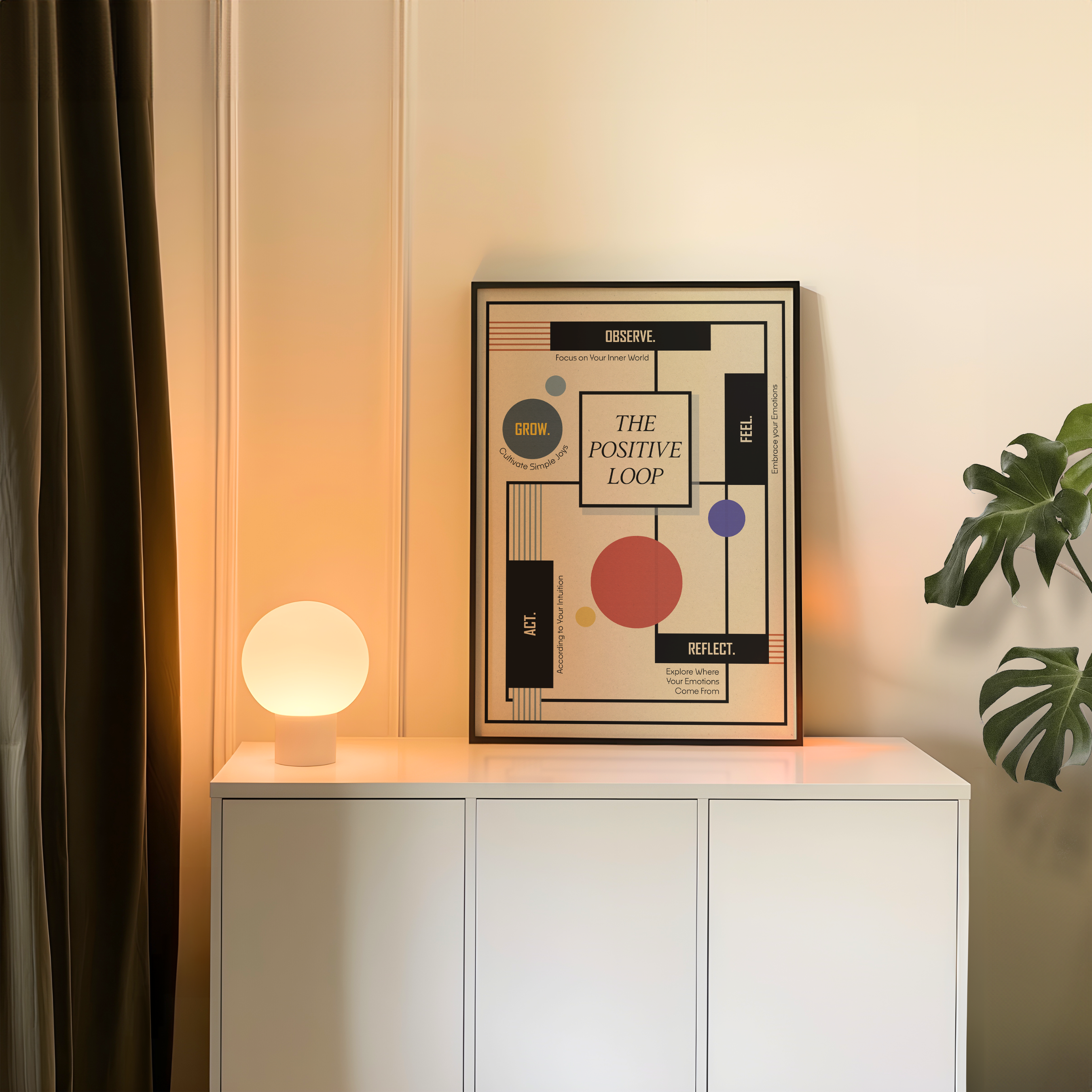 A framed Bauhaus-inspired geometric healing art print titled "The Positive Loop" styled on a white cabinet in a contemporary living room. Modern mental health wall art for therapy office decor, therapist and psychologist offices, counseling rooms, wellness clinics, coaching spaces, and mindful home interiors.