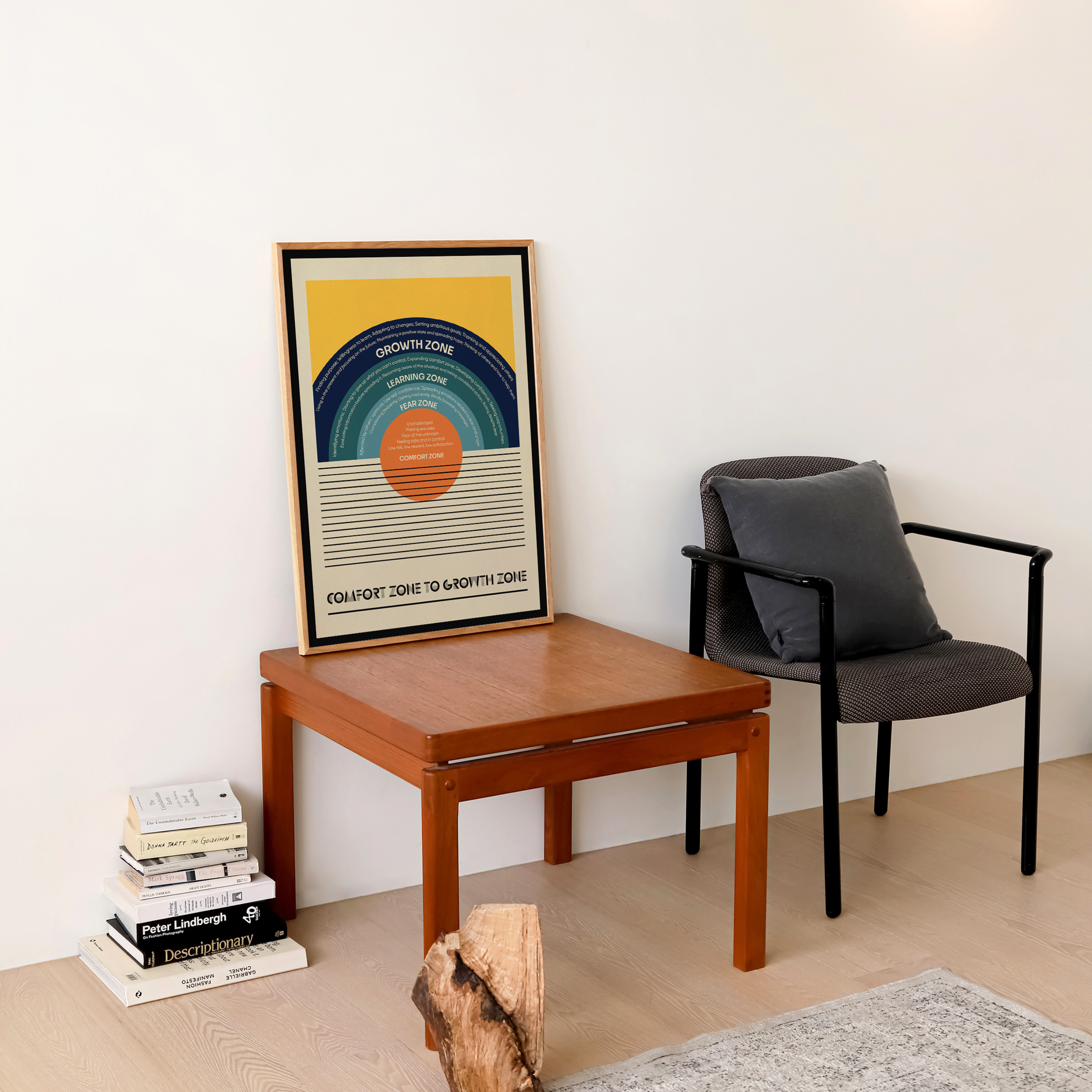 A framed Bauhaus-inspired geometric healing art print with bold circular shapes leans on a wooden side table beside a gray armchair. Contemporary mental health wall art for therapy office decor, counseling offices, psychologist clinics, wellness spaces, and mindful home interiors.