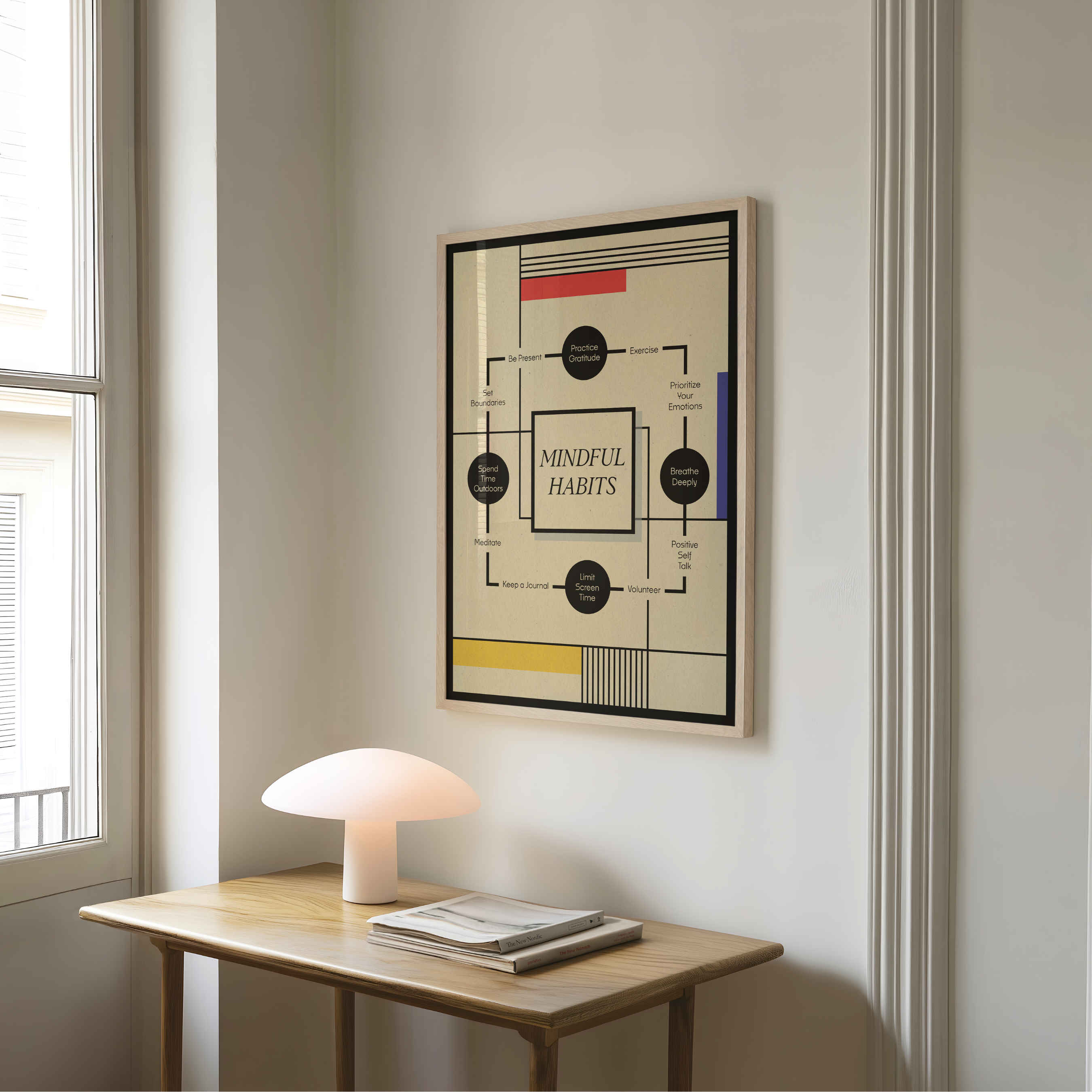 A framed minimalist Mindful Habits poster hangs on a light gray wall above a wooden console table with a white mushroom lamp and a stack of books. The artwork features a cream background with black geometric lines, circles, and subtle red and yellow accents, creating a clean, modern composition that encourages mindful living, intentional daily habits, and personal growth while complementing contemporary home or office decor.