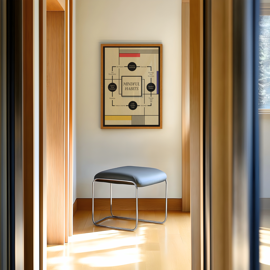 A framed abstract geometric art print hangs on a warm beige wall above a modern gray upholstered stool with a chrome frame in a bright, sunlit hallway. Featuring a clean geometric composition with bold shapes and balanced colors, the artwork brings a sense of creativity, harmony, and contemporary style to modern interiors, entryways, studios, or thoughtfully designed living spaces.