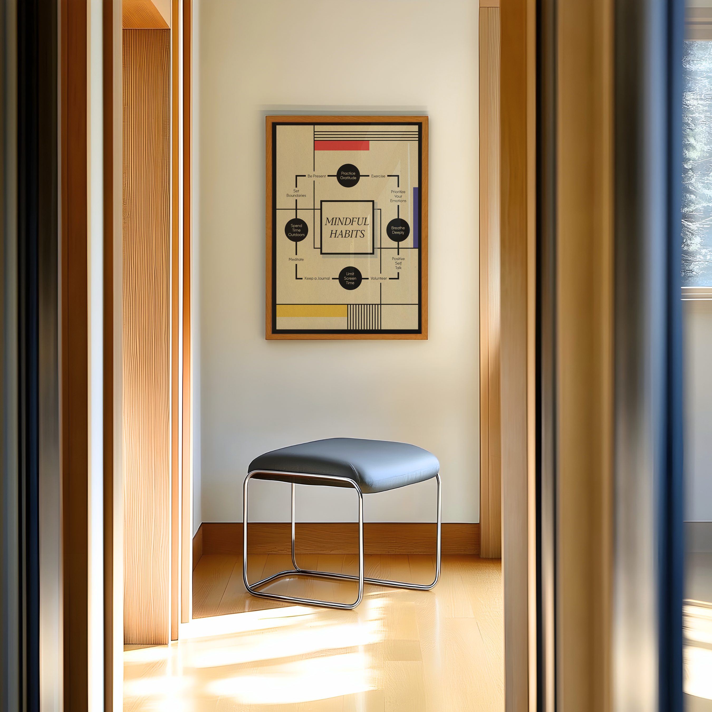 A framed abstract geometric art print hangs on a warm beige wall above a modern gray upholstered stool with a chrome frame in a bright, sunlit hallway. Featuring a clean geometric composition with bold shapes and balanced colors, the artwork brings a sense of creativity, harmony, and contemporary style to modern interiors, entryways, studios, or thoughtfully designed living spaces.