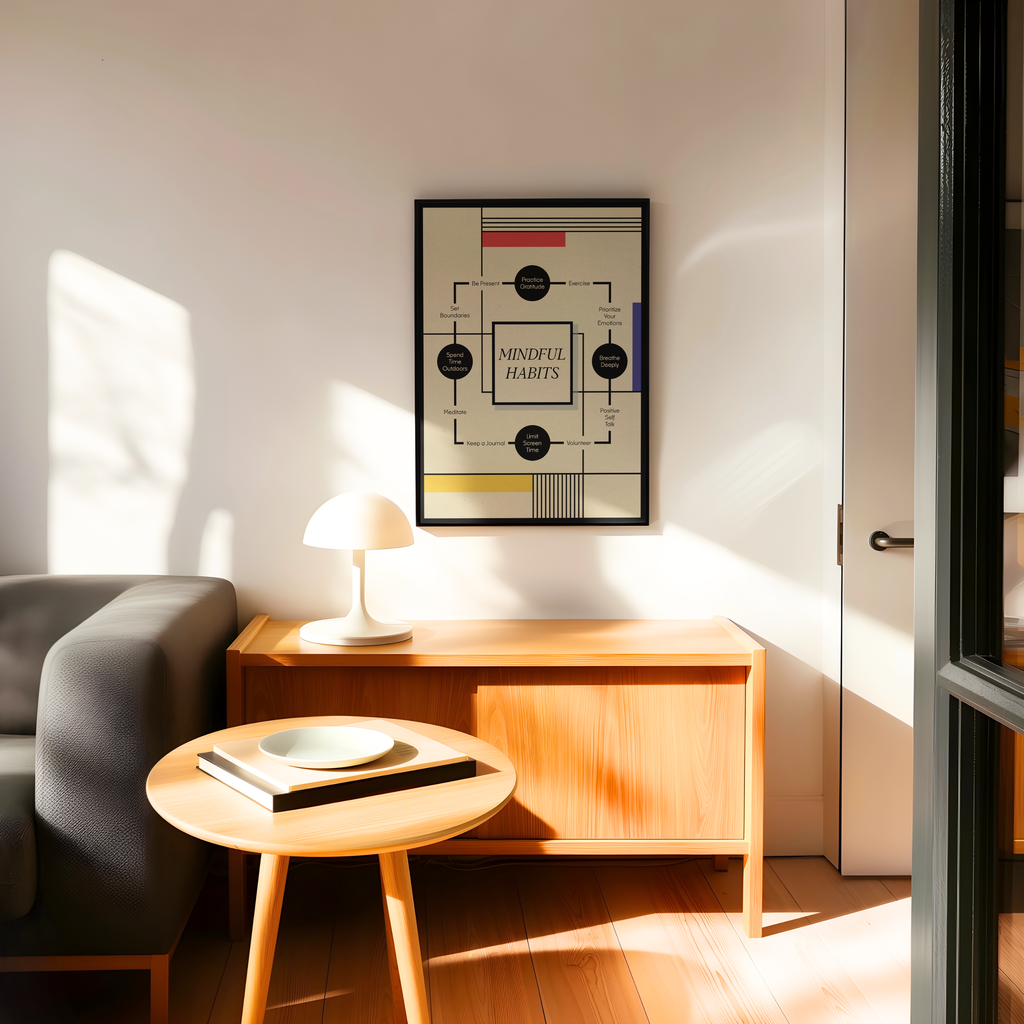 A framed Mindful Habits art print hangs on a white wall above a wooden sideboard in a bright, sunlit living room. The minimalist design combines geometric shapes, clean typography, and balanced colors to create a thoughtful focal point that encourages intentional living, mindful daily habits, productivity, and personal growth. Ideal as a motivational wall art print for a home office, study, therapy office, wellness space, or modern living room.