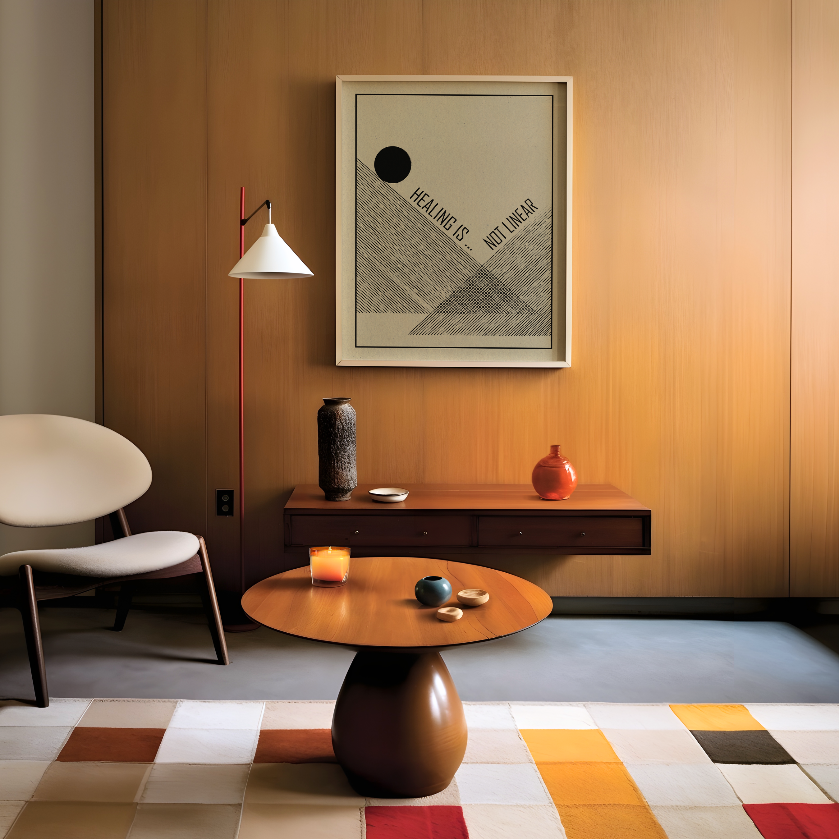 A modern living room interior with warm wood paneled walls features a framed Healing Is Not Linear art print inspired by mid century modern and Bauhaus design. Displayed alongside a sculptural round coffee table, lounge chair, floor lamp, and multicolor checkered rug, the artwork combines bold geometric forms and retro elements with an uplifting message about the healing journey. A thoughtful addition to contemporary homes, therapy spaces, wellness rooms, or creative interiors.