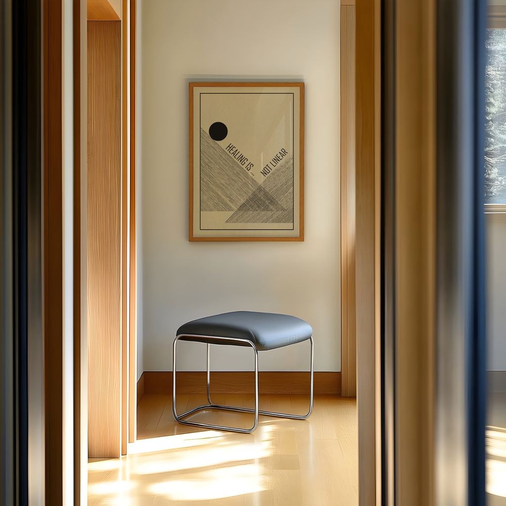 A modern gray upholstered stool with a chrome metal frame sits in a sunlit hallway beneath a framed Healing Is Not Linear art print on a warm beige wall. Inspired by mid century modern and Bauhaus design, the minimalist artwork features geometric forms and a meaningful message about the healing journey, creating a calm and thoughtful atmosphere in contemporary interiors, therapy spaces, wellness rooms, or mindful home settings.