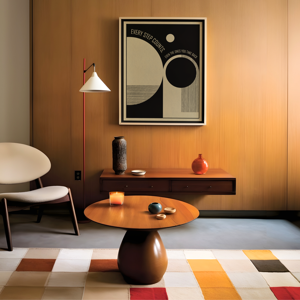 A framed Every Step Counts, Even the Ones You Take Back art print hangs on a warm wood paneled wall above a dark console table in a modern living room. Inspired by mid century modern and Bauhaus design, the artwork features black, cream, and gray geometric shapes with uplifting typography that reflects growth, resilience, and the gentle process of healing. Its clean composition and thoughtful message create a meaningful focal point for contemporary homes, therapy spaces, wellness rooms, or mindful interiors
