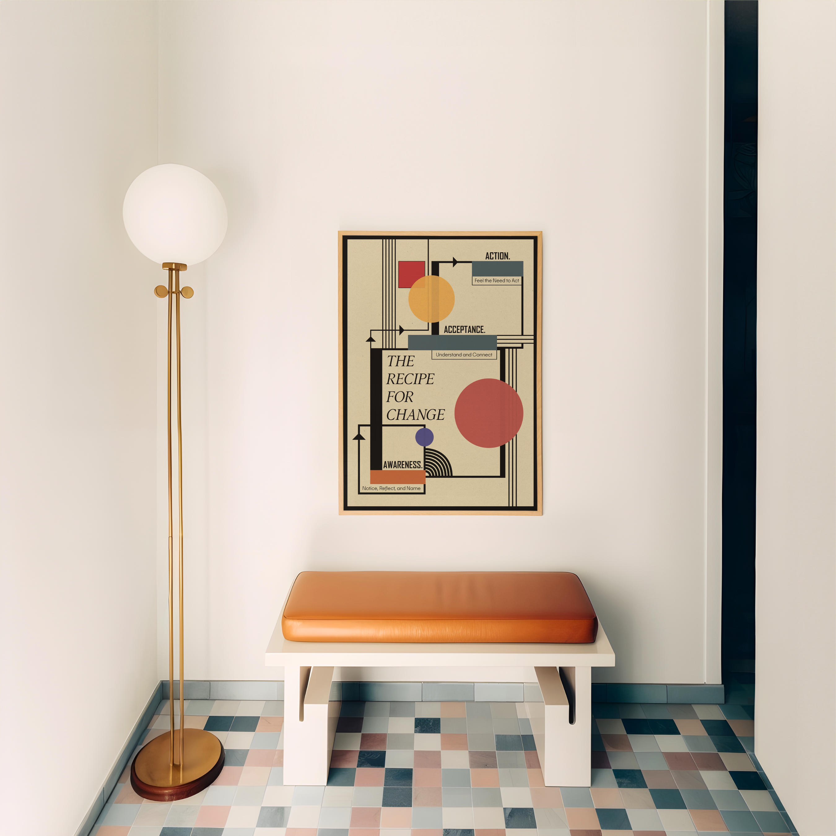 A framed Bauhaus-inspired healing art print hangs above a white bench with an orange cushion beside a brass floor lamp. Contemporary geometric wall art for therapy office decor, counseling spaces, and modern interiors.