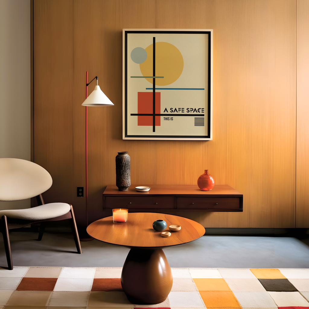 A framed Bauhaus-inspired geometric healing art print hangs on a warm wood-paneled wall in a contemporary interior. Featuring the quote "A Safe Space," this mental health wall art is ideal for therapy office decor, counseling rooms, psychologist offices, wellness clinics, and mindful home spaces.