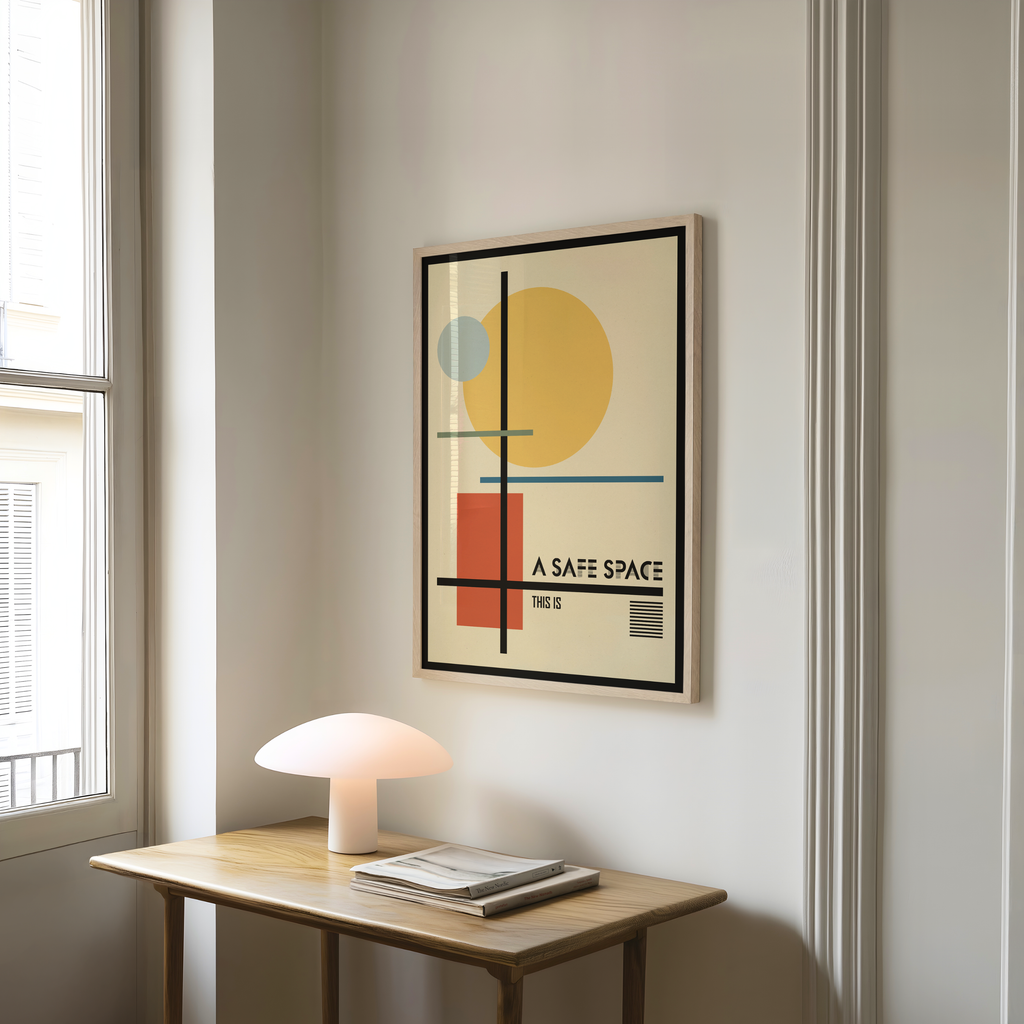 A framed Bauhaus-inspired geometric healing art print with the quote "A Safe Space" hangs above a wooden console table in a contemporary interior. Modern mental health wall art for therapy office decor, counseling offices, psychologist clinics, wellness spaces, and mindful home interiors.