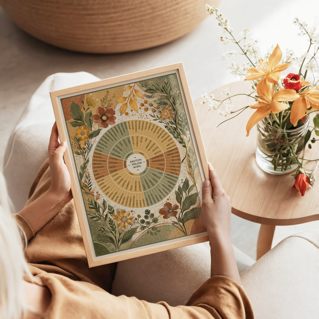 A person seated indoors holds a framed botanical infographic print. The artwork features a therapy chart surrounded by illustrated flowers and leaves in muted yellow, green, orange, and brown tones.