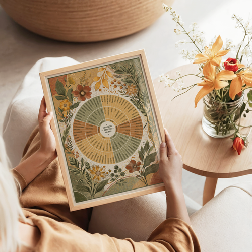 A person seated indoors holds a framed botanical infographic print. The artwork features a therapy chart surrounded by illustrated flowers and leaves in muted yellow, green, orange, and brown tones.