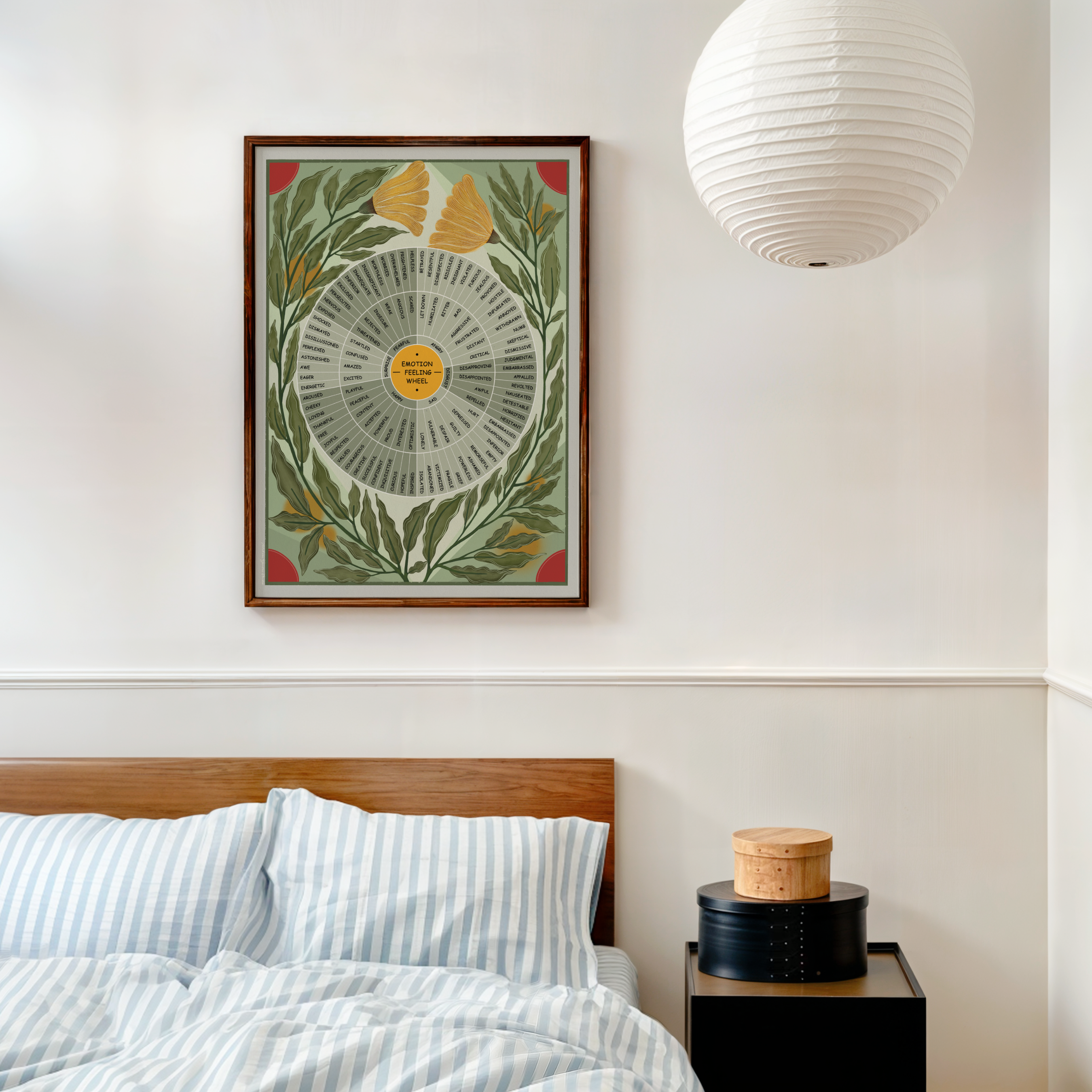 A framed vintage-style botanical art print with a feelings wheel hangs on a white wall above a bed with blue-and-white striped bedding. A white paper lantern hangs to the right, and a small bedside table holds stacked round boxes.