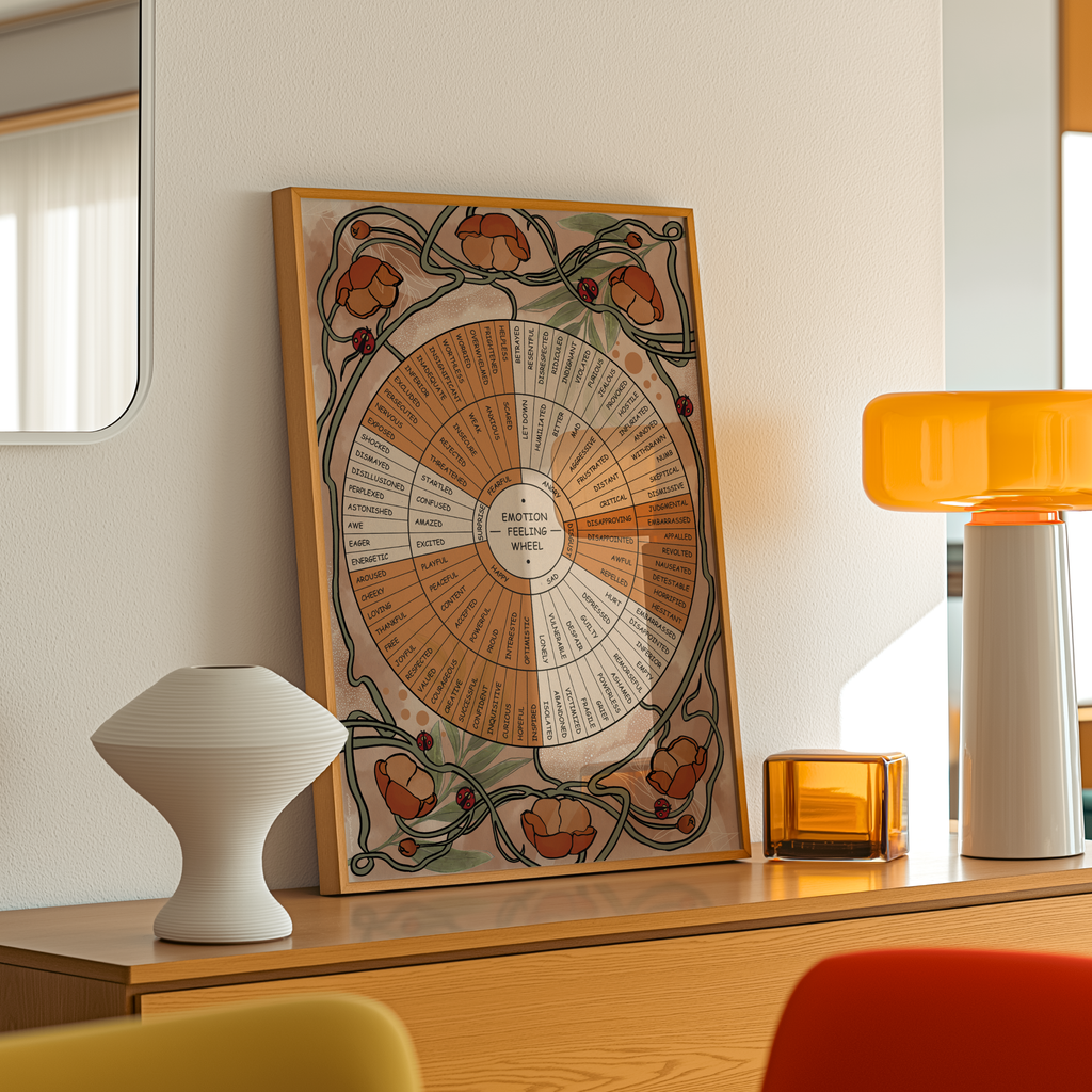 A framed Wildflower Emotion Wheel poster with hand drawn botanical illustrations leans against a wooden console table in a modern living space. Surrounded by ceramic vases and a table lamp, the nature inspired artwork brings warmth, gentle colour, and a calming presence to the room.