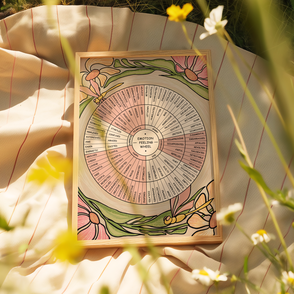 A framed circular 'Emotion Wheel' chart with floral and insect illustrations, styled on a cream picnic blanket with yellow and white wildflowers in the foreground.