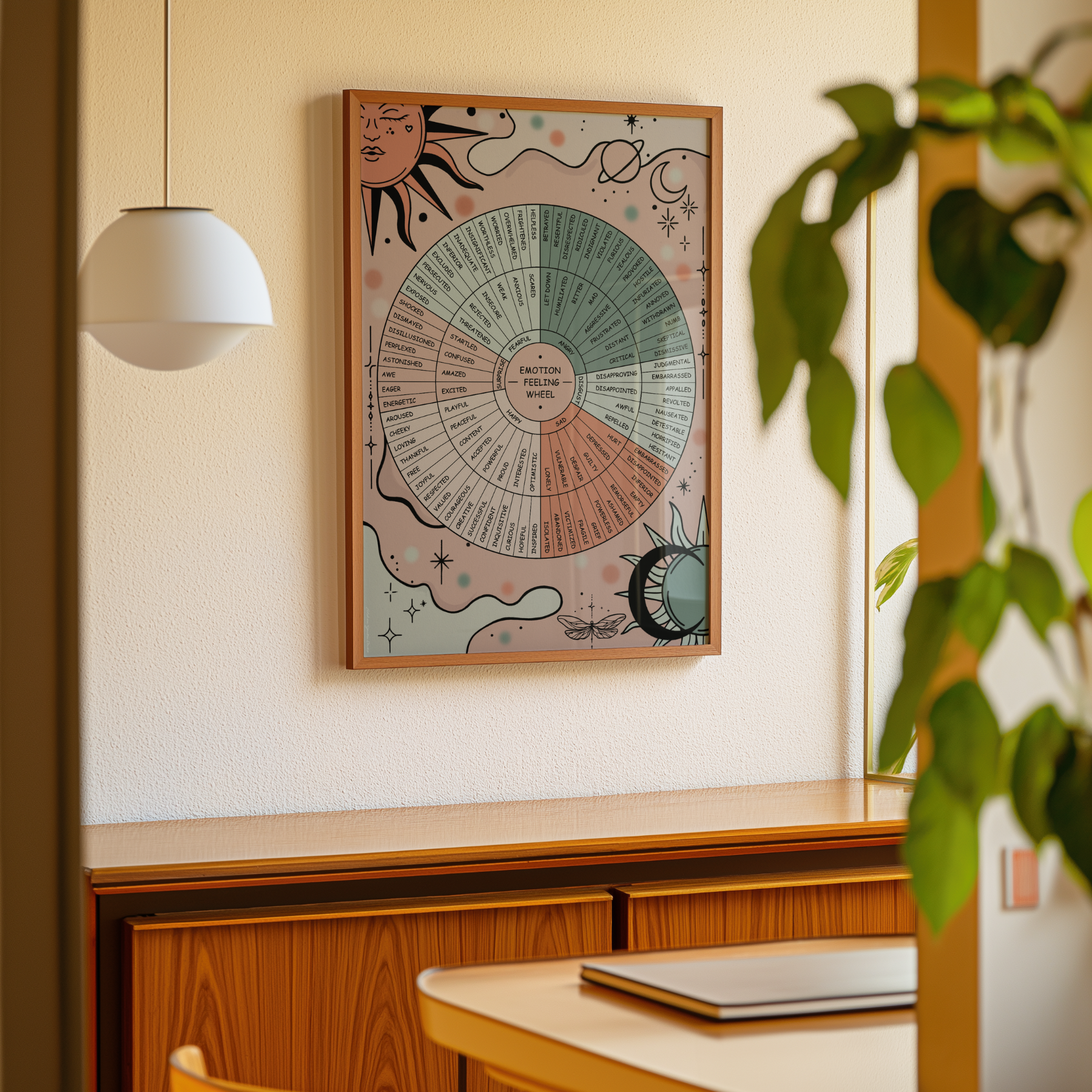 A framed art print featuring a whimsical retro celestial emotion chart with a sun, moon, and circular diagram in pastel colors, hanging on a cream wall in a warm, modern room setting.