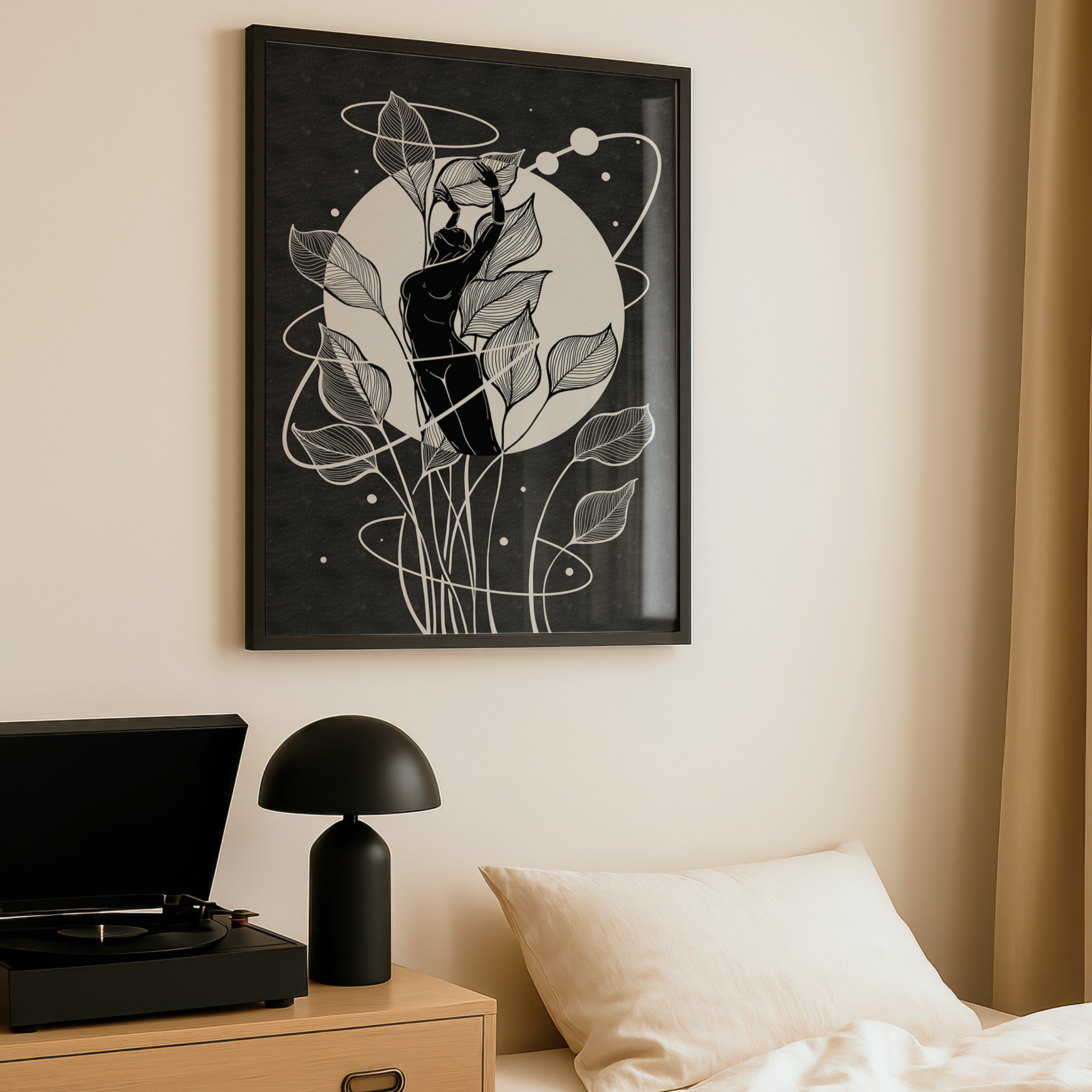 A framed black and white art print featuring a stylized feminine figure beneath a full moon with flowing organic line art hangs on a warm beige wall above a bed with a bedside lamp and vintage record player nearby. Inspired by the menstrual cycle and the lunar cycle, this self love artwork celebrates feminine wisdom, inner balance, and the natural rhythms of the body, creating a calming focal point for a mindful bedroom.