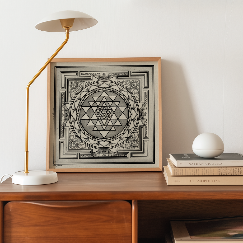 A framed black and white geometric art print featuring a Sri Yantra design, styled on a wooden console table next to a gold lamp and books.