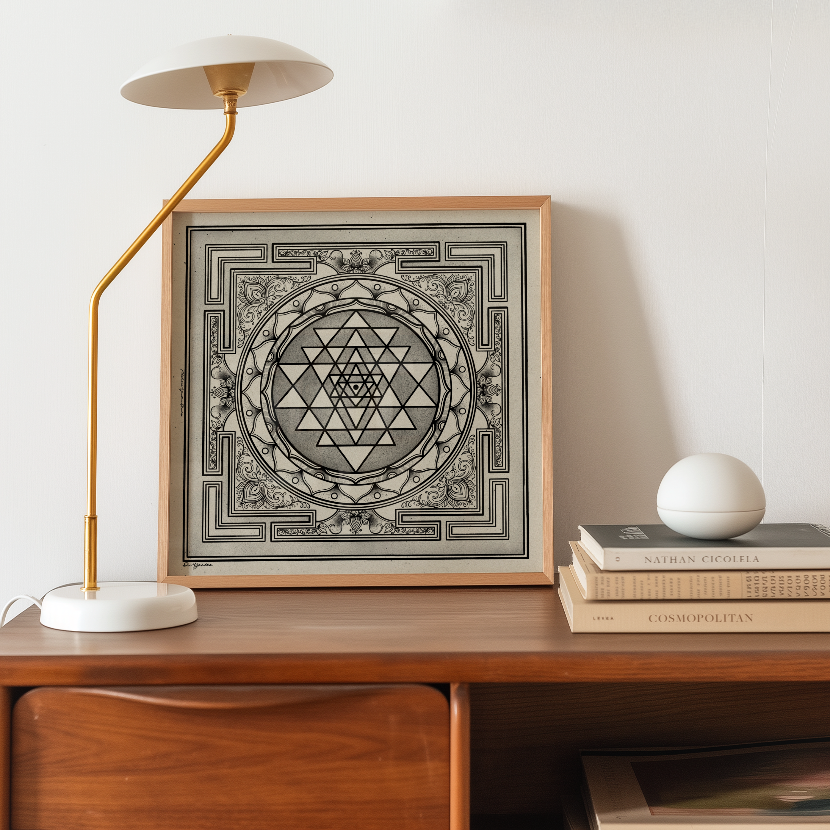 A framed black and white geometric art print featuring a Sri Yantra design, styled on a wooden console table next to a gold lamp and books.